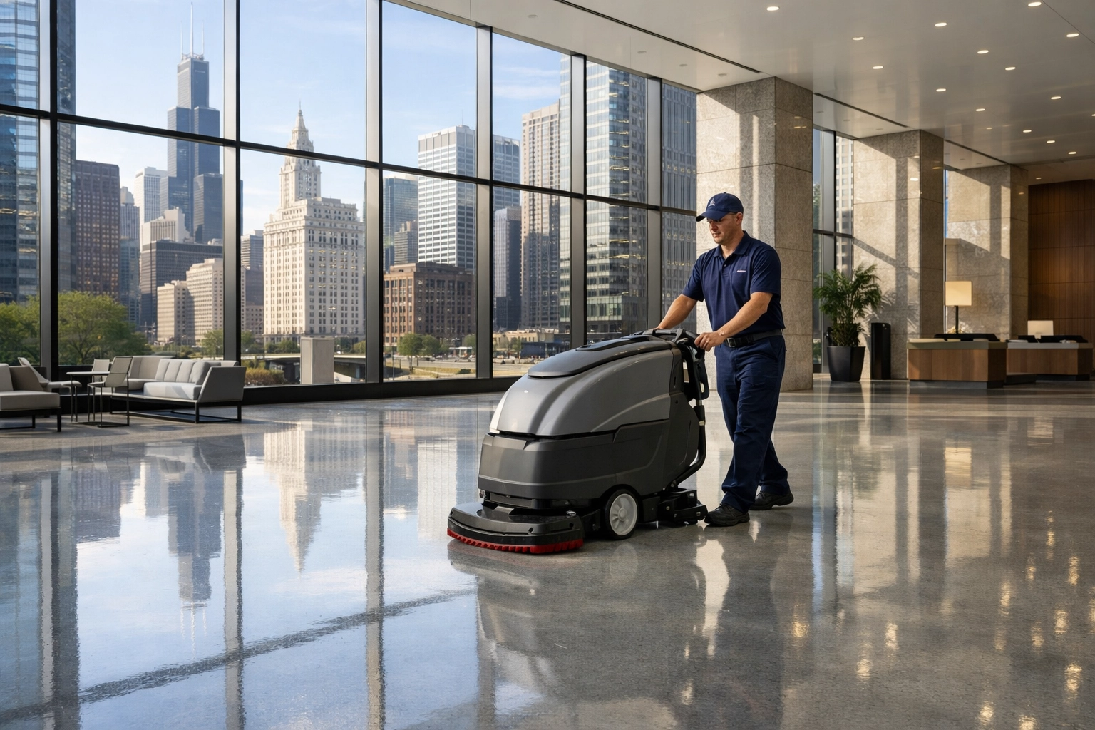 Professional floor cleaning in a Chicago office lobby to remove winter salt and prevent surface damage.