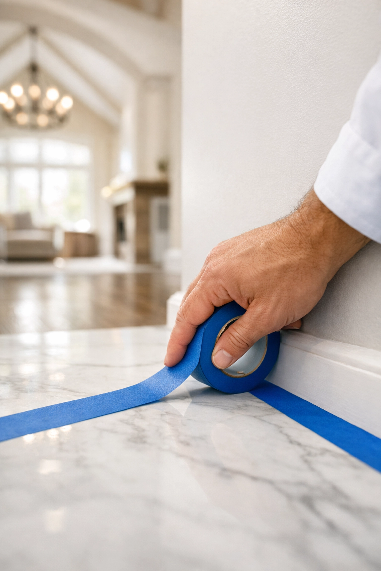 Professional painters in Austin TX applying precision masking tape to protect marble floors.