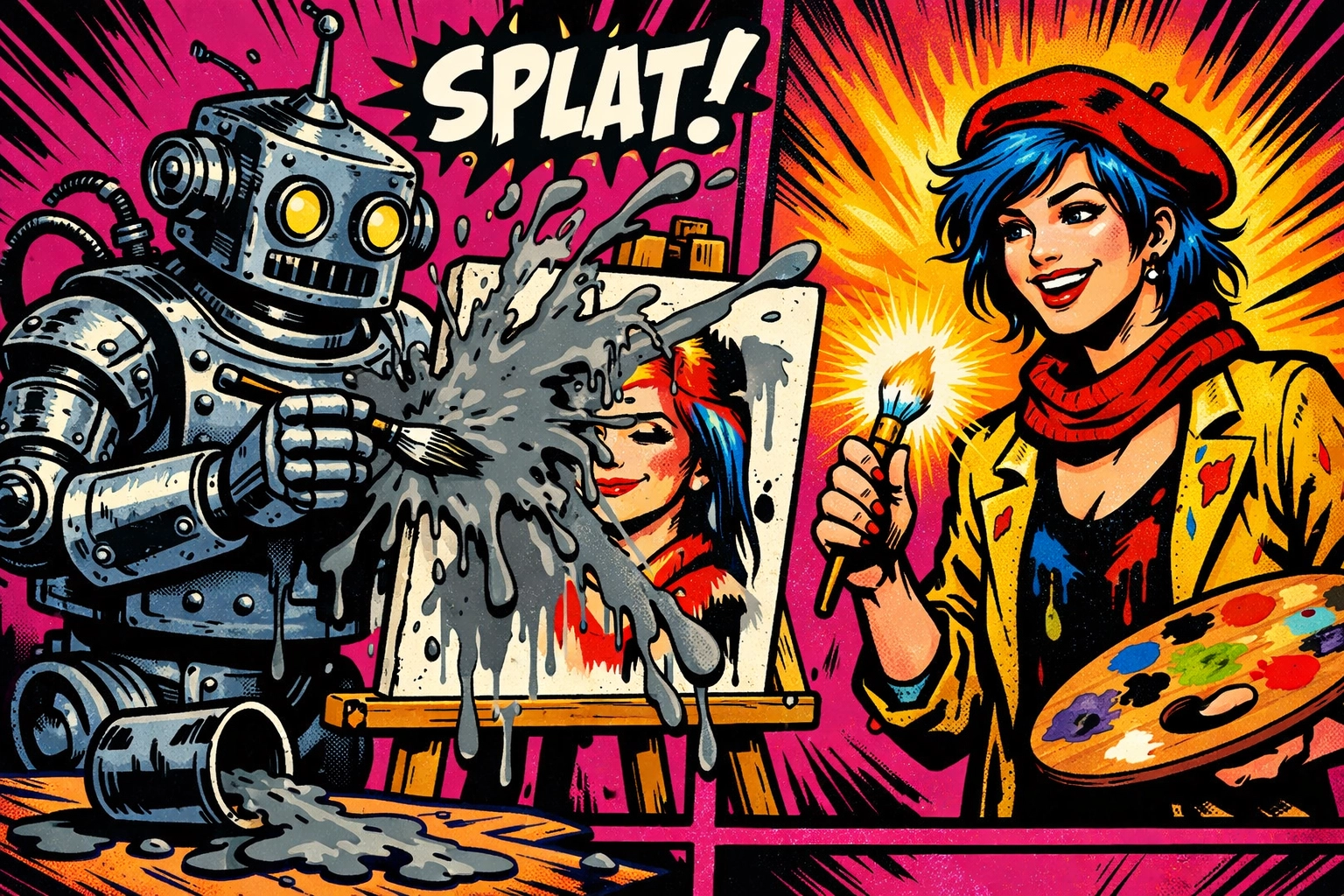 Robot splashing paint next to a human artist, showing why business automation tools need human creativity.