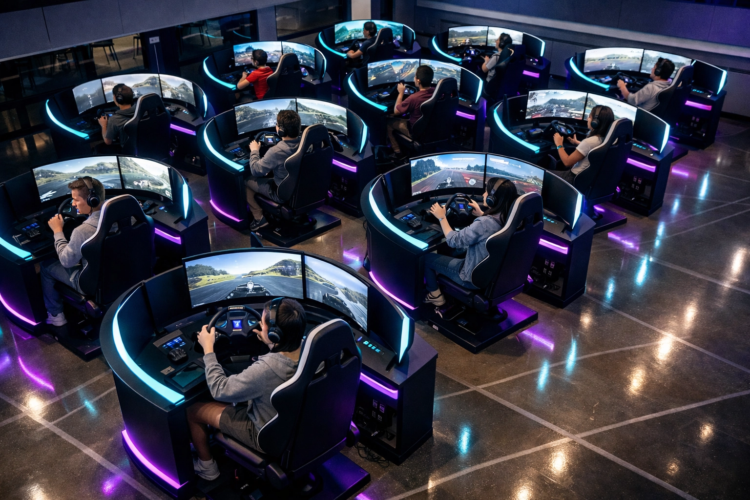 Rows of cloud-powered simulation pods in high school with students engaged in esports learning