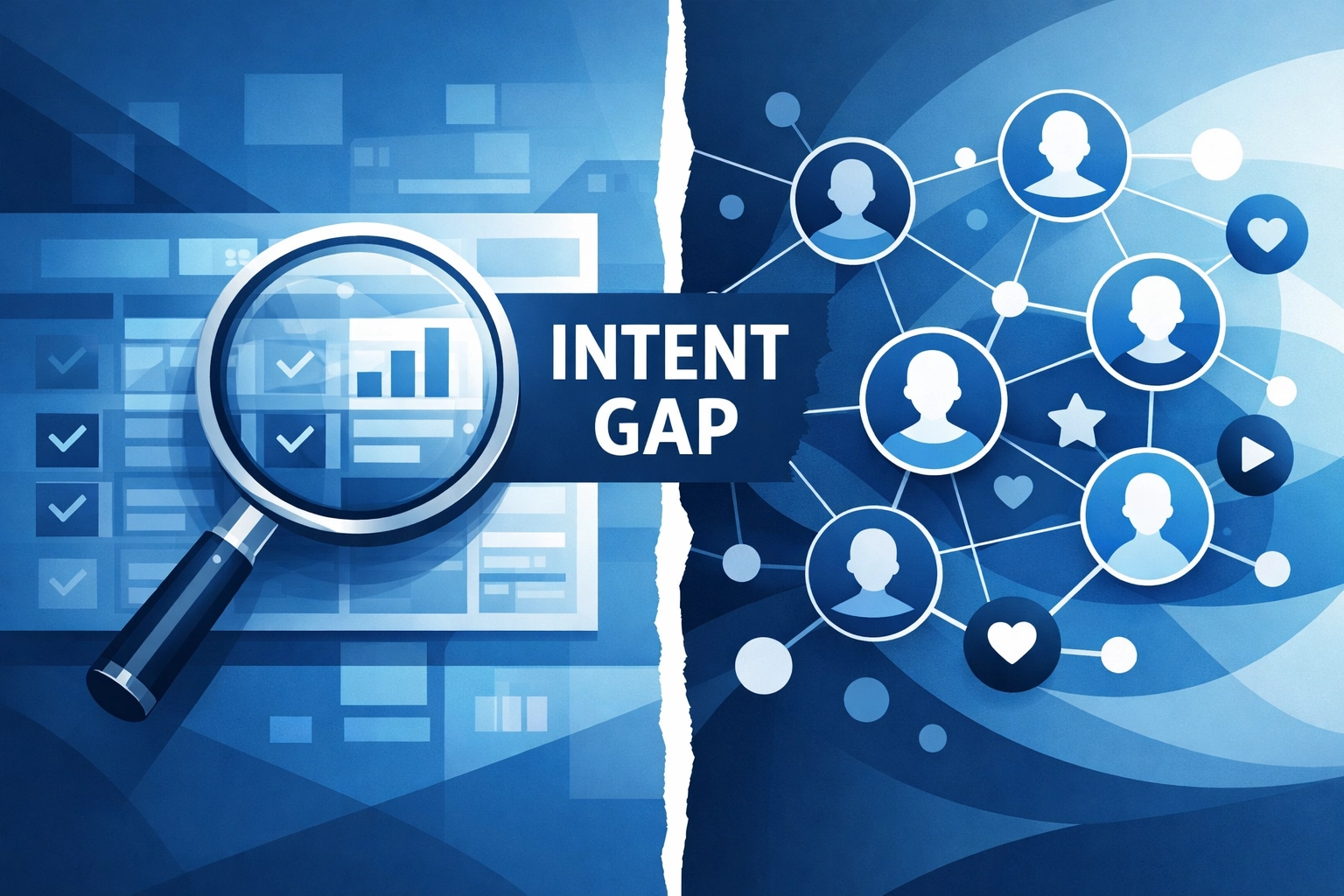 Vector illustration comparing search intent with social media interest-based digital marketing.