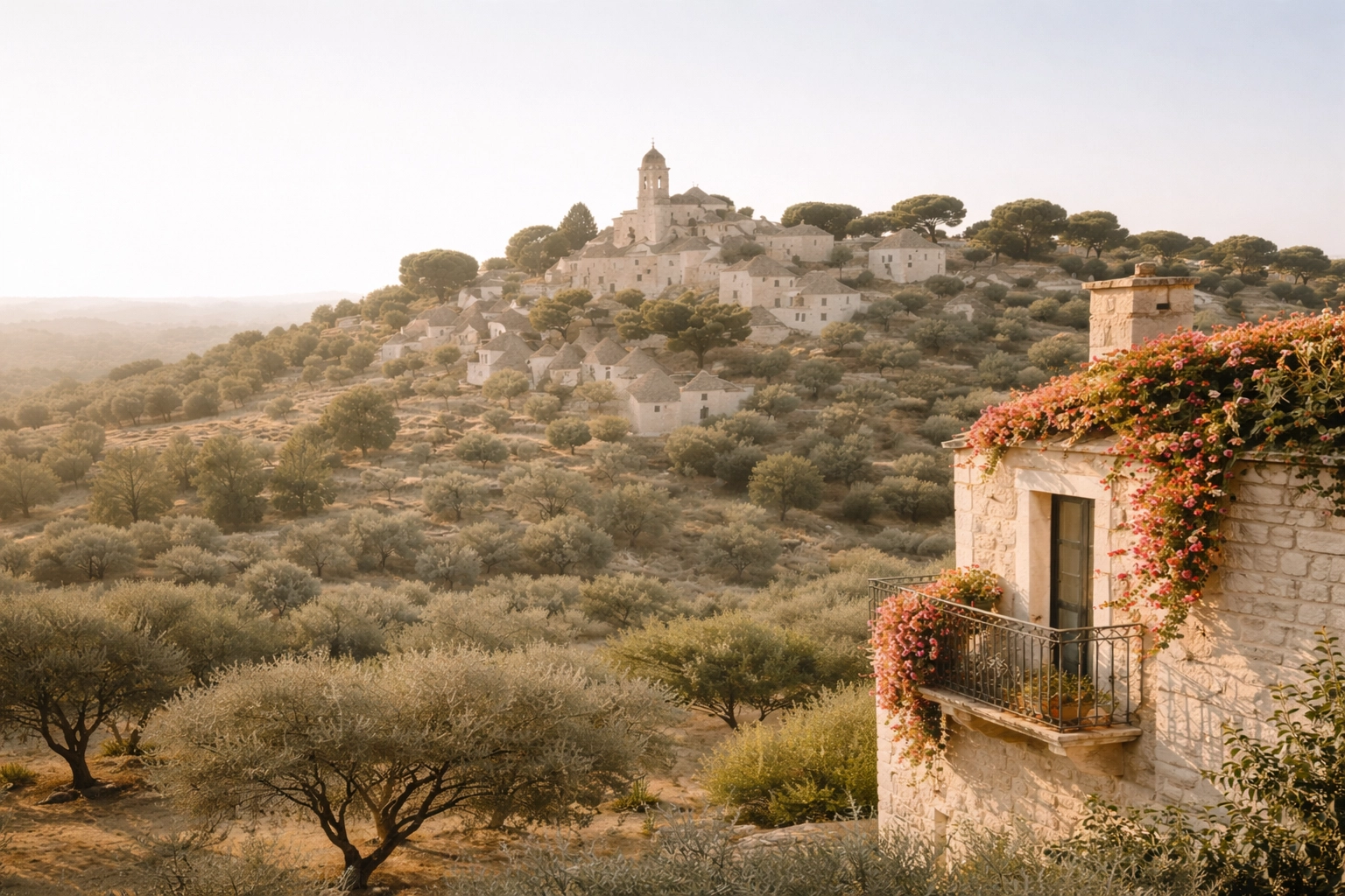 Charming hillside stone village in Puglia at golden hour, highlighting exclusive off-the-beaten-path Italy destinations