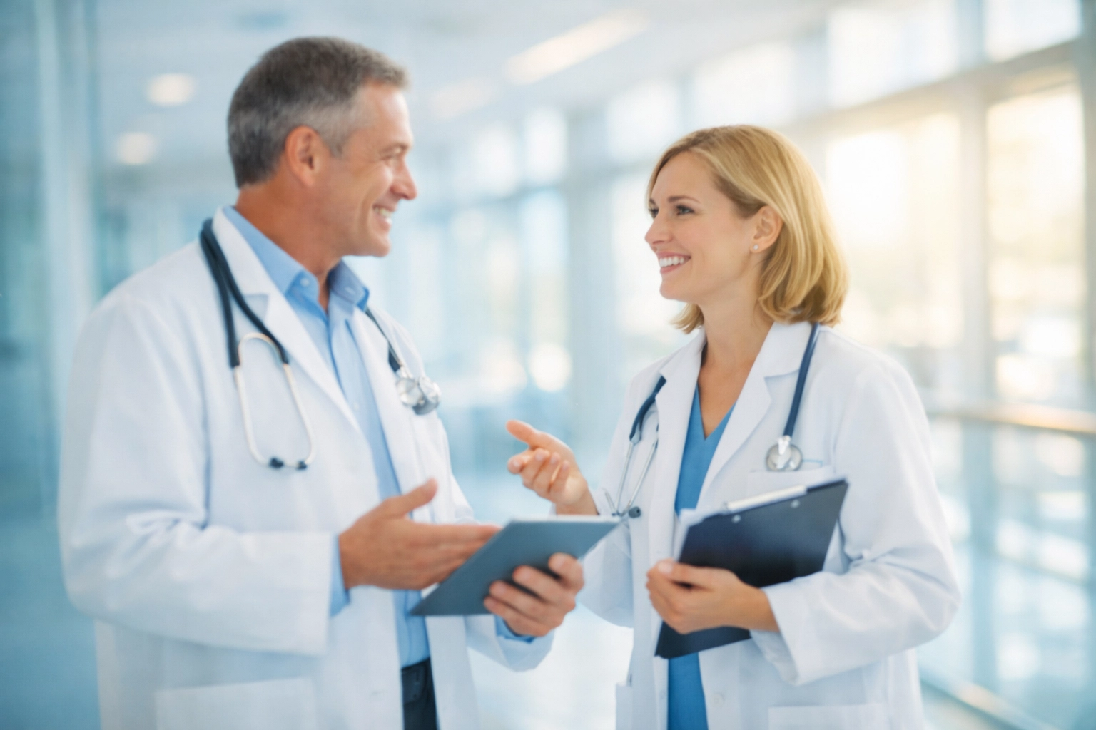 Deux médecins échangent sur l'adressage d'un patient dans un hôpital moderne