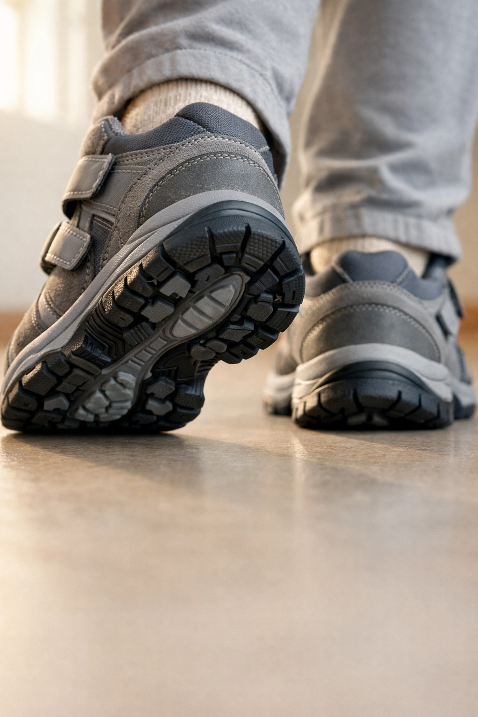 Sturdy, non-slip walking shoes with velcro straps providing stability and fall protection for seniors.