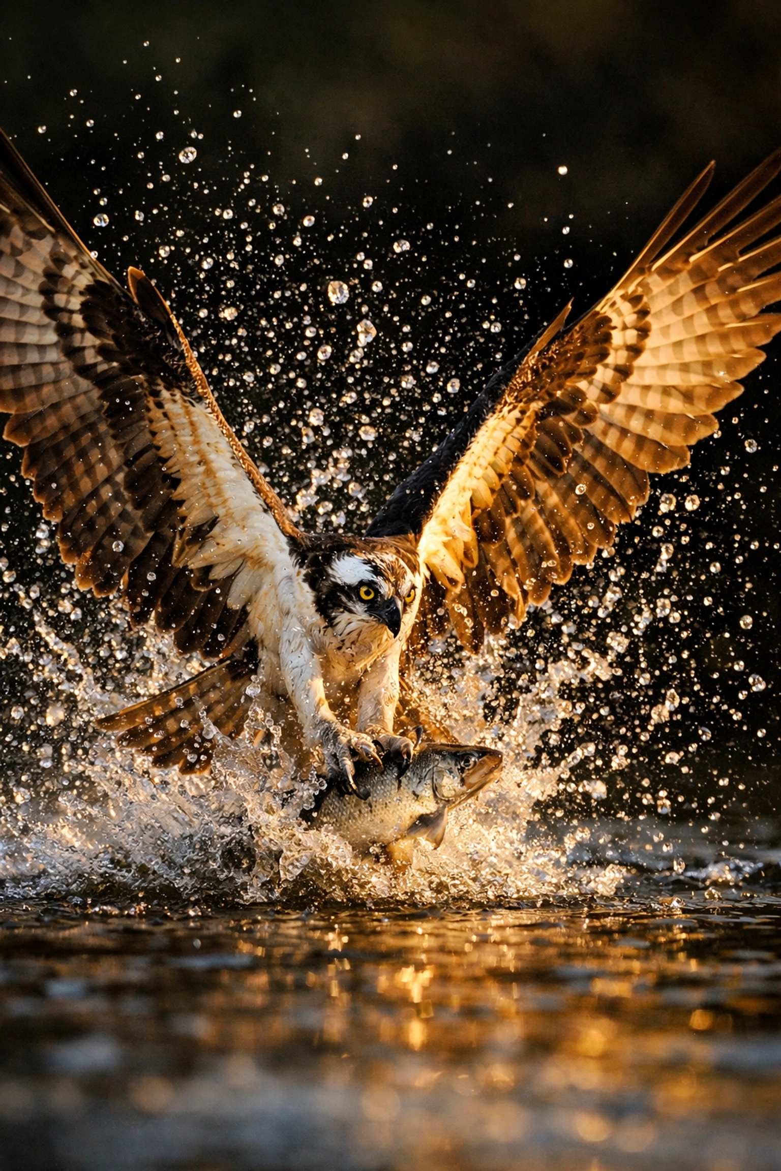 Osprey catching fish in water with high shutter speed to freeze action.