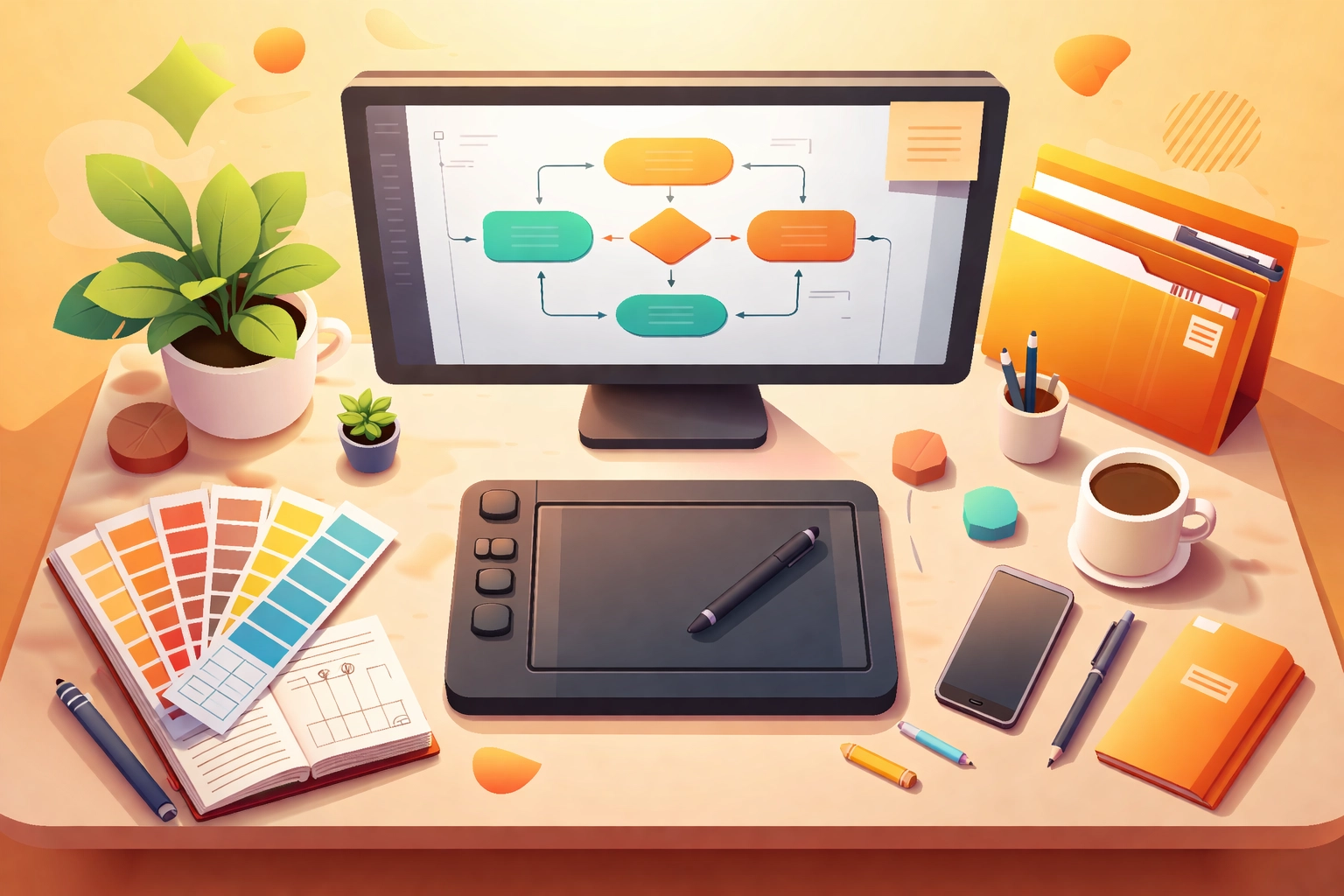 Modern designer workspace showing organized graphic design workflow for small business branding efficiency