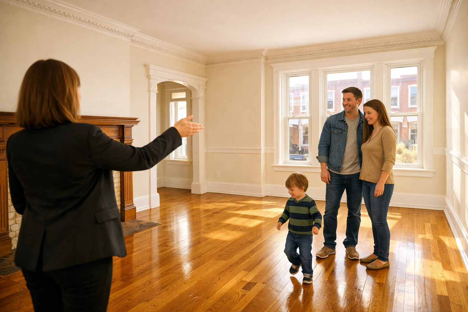 Family touring bright Philadelphia rowhome interior during February home showing Family touring bright Philadelphia rowhome interior during February home showing