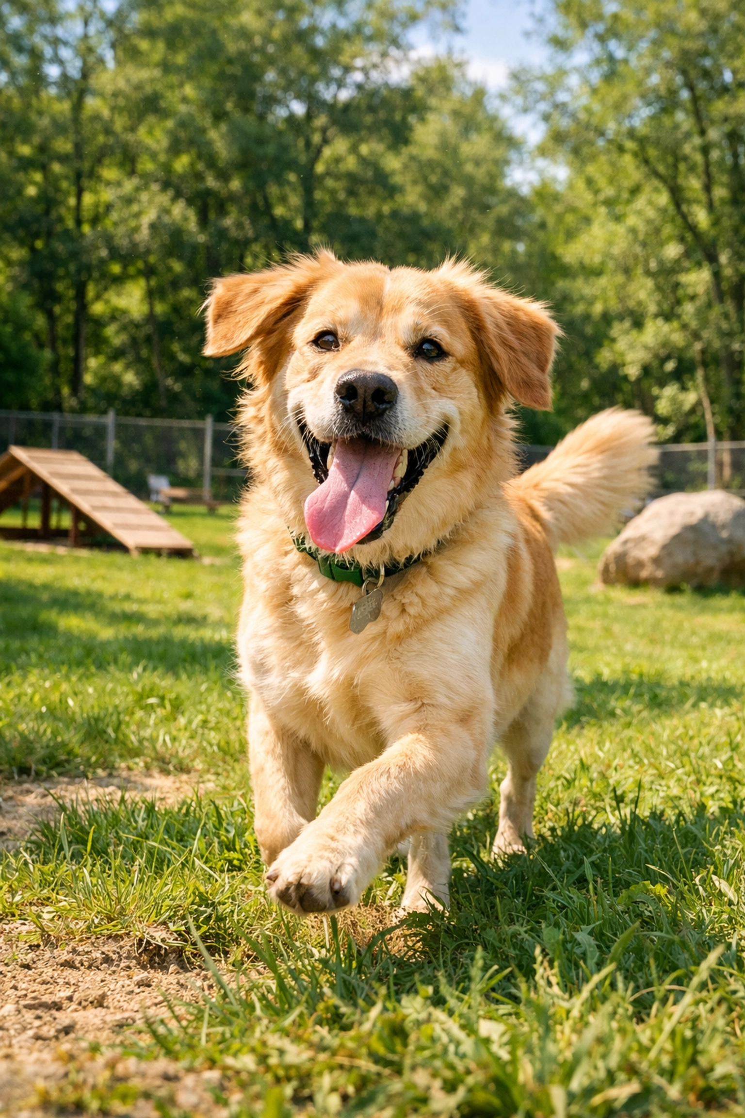Happy dog enjoying outdoor playtime at Green Acres pet boarding in Boring Oregon