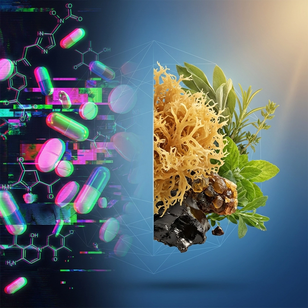 Comparison of artificial pills versus natural ingredients like sea moss and shilajit highlighting clean supplement benefits
