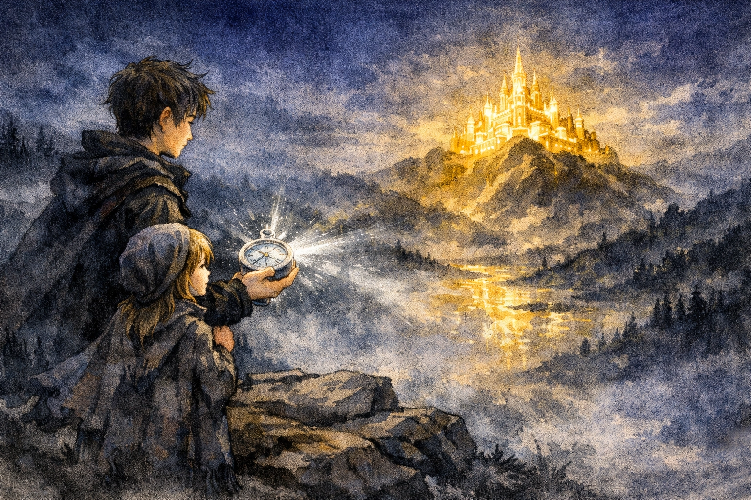 Children on a cliff holding a glowing silver compass toward a distant golden city, symbolizing faith and guidance.