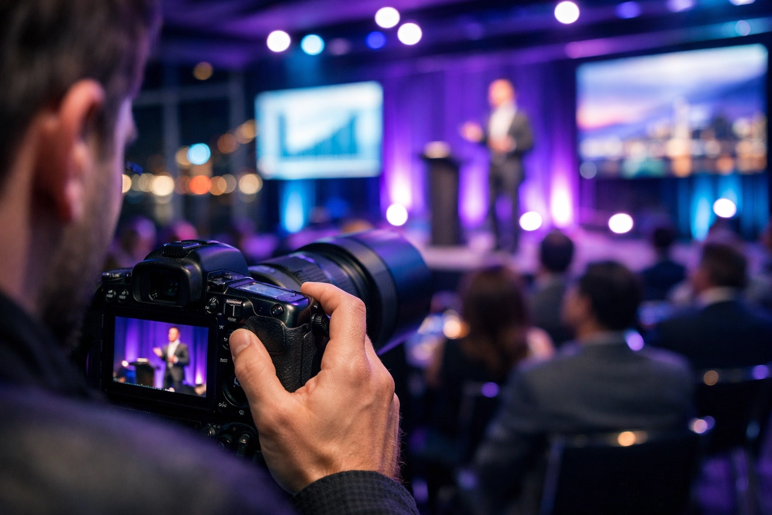 A professional corporate event photographer capturing a keynote speech at a waterfront Miami venue.