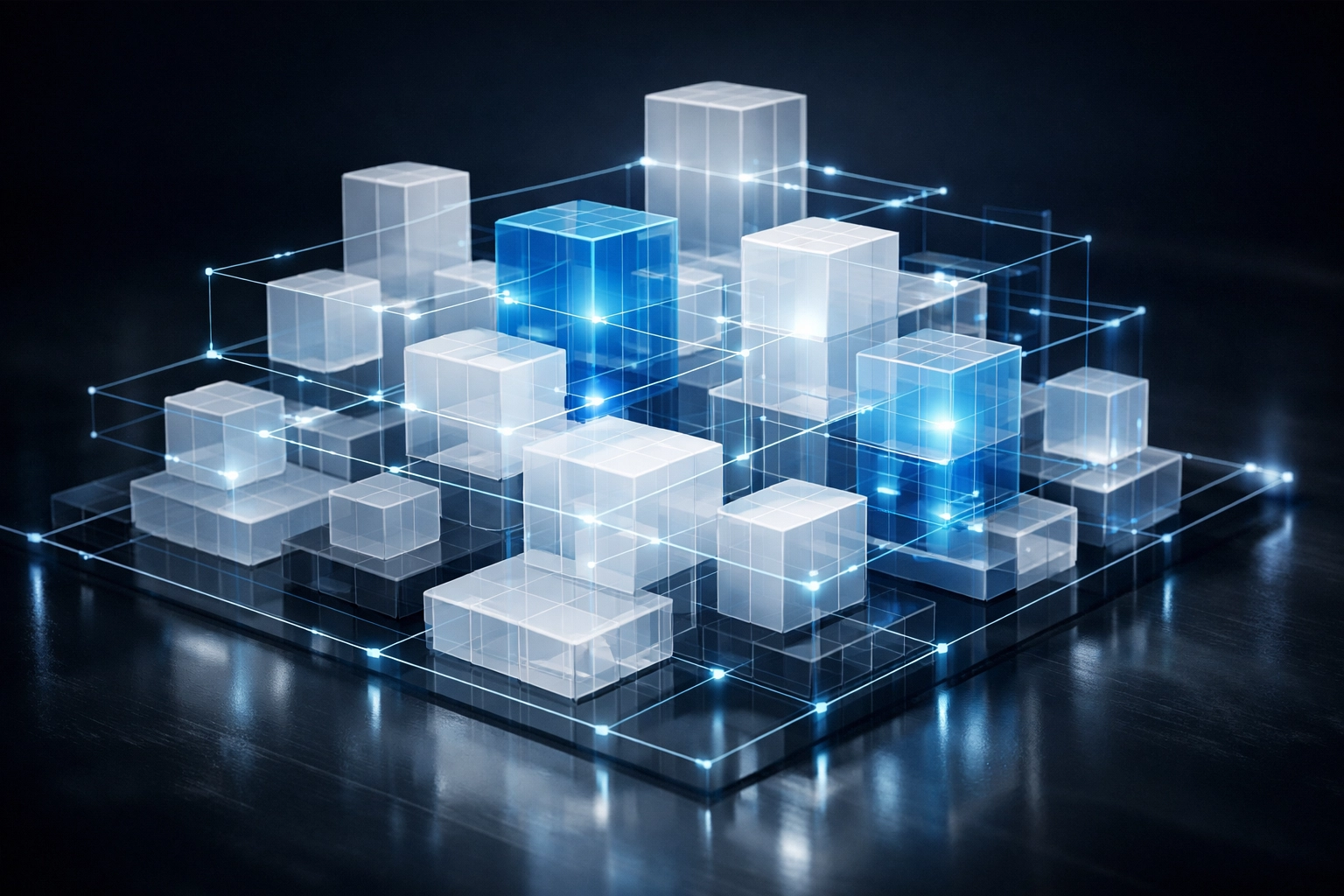Interconnected digital blocks representing custom software architecture and bespoke automation solutions.
