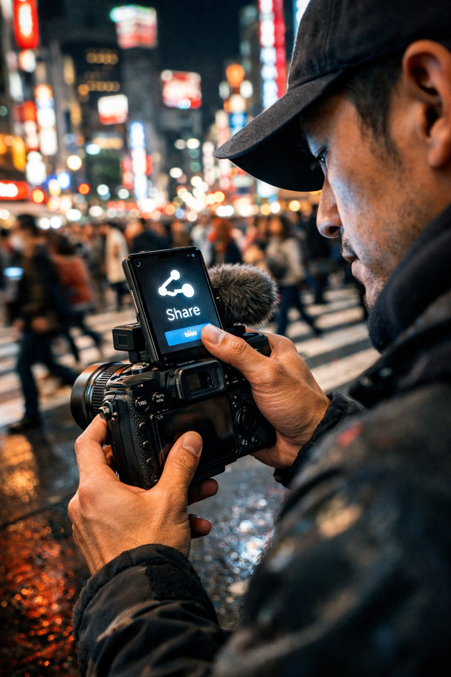 Street photographer using AI-powered mirrorless tech for instant content sharing in Tokyo.