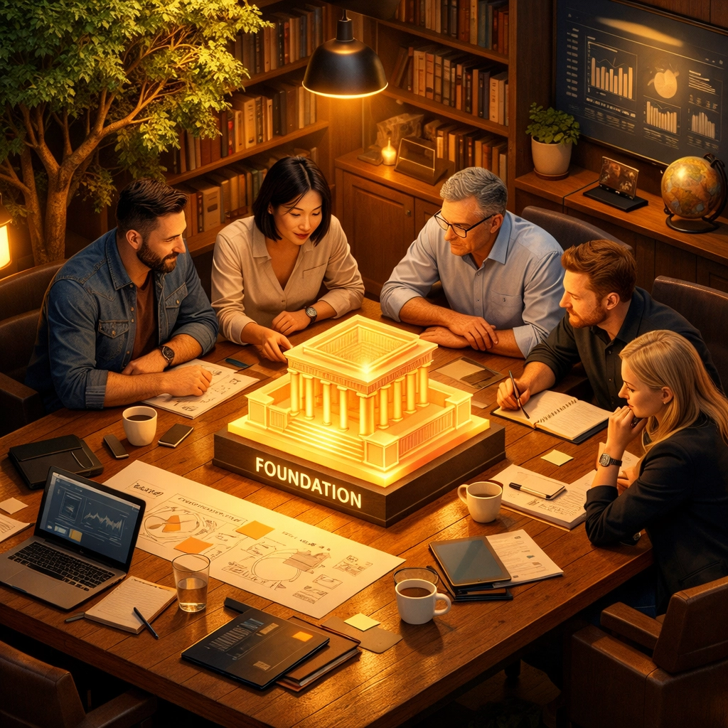 Startup leadership team working on a long-term business strategy to ensure company stability and growth.