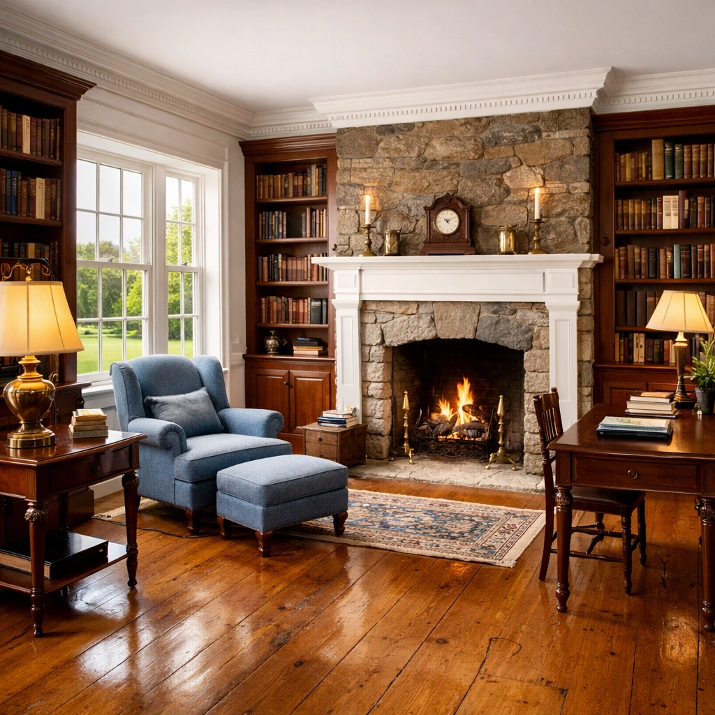Cleaned historic Concord library featuring polished wide-plank floors and pristine antique furniture.