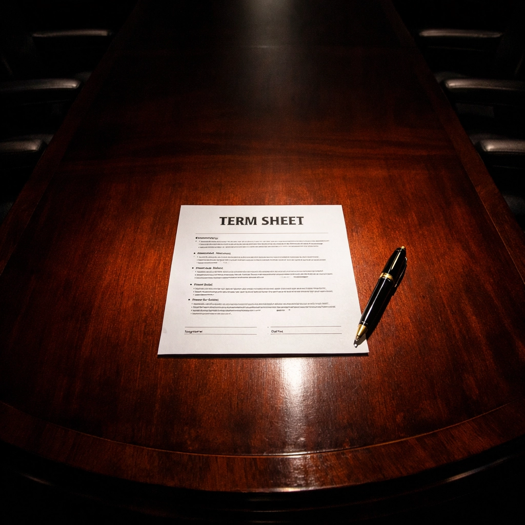 Term sheet document on conference table highlighting founder deal structure decisions