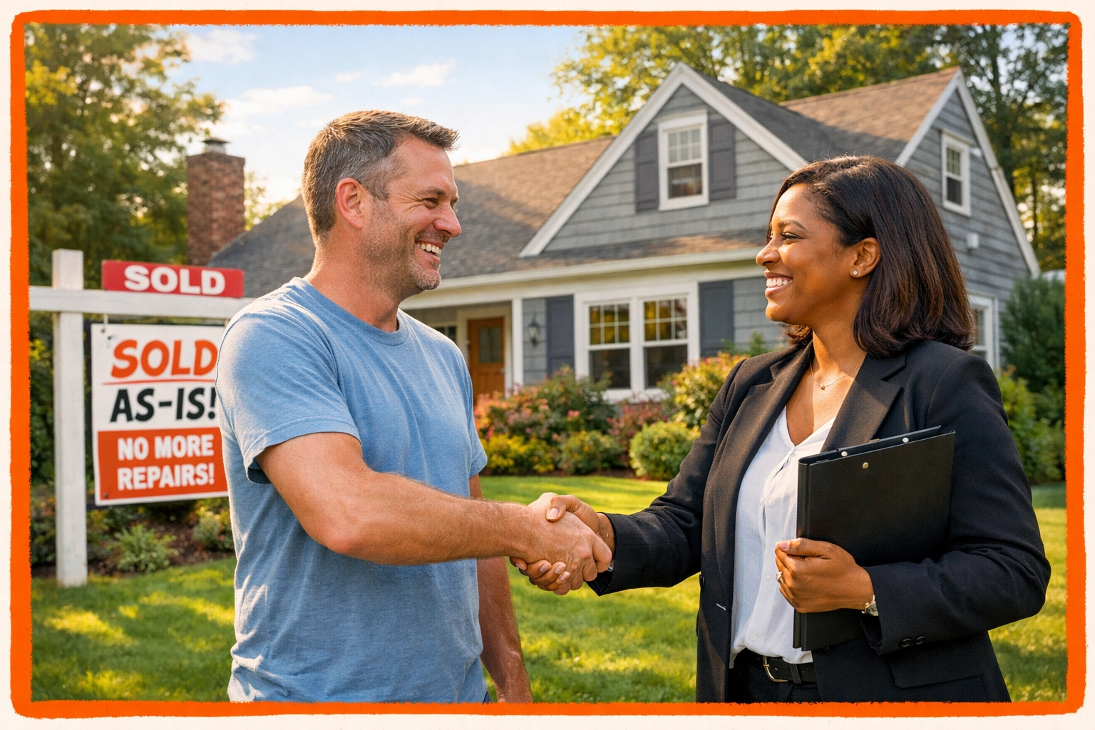 Relieved homeowner shaking hands with a realtor after a successful as-is sale of their Connecticut property. Relieved homeowner shaking hands with a realtor after a successful as-is sale of their Connecticut property.