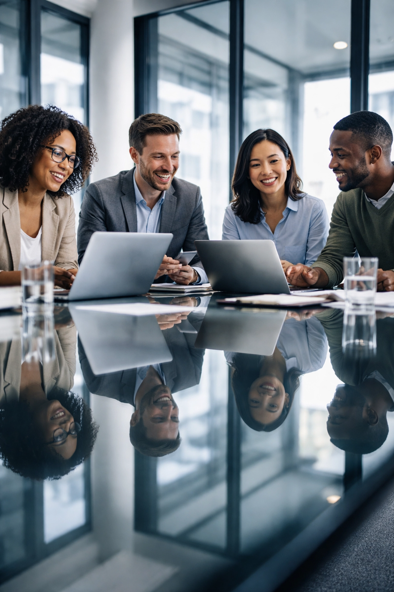Diverse small business team collaborating at a bright, modern conference table using laptops and tablets.