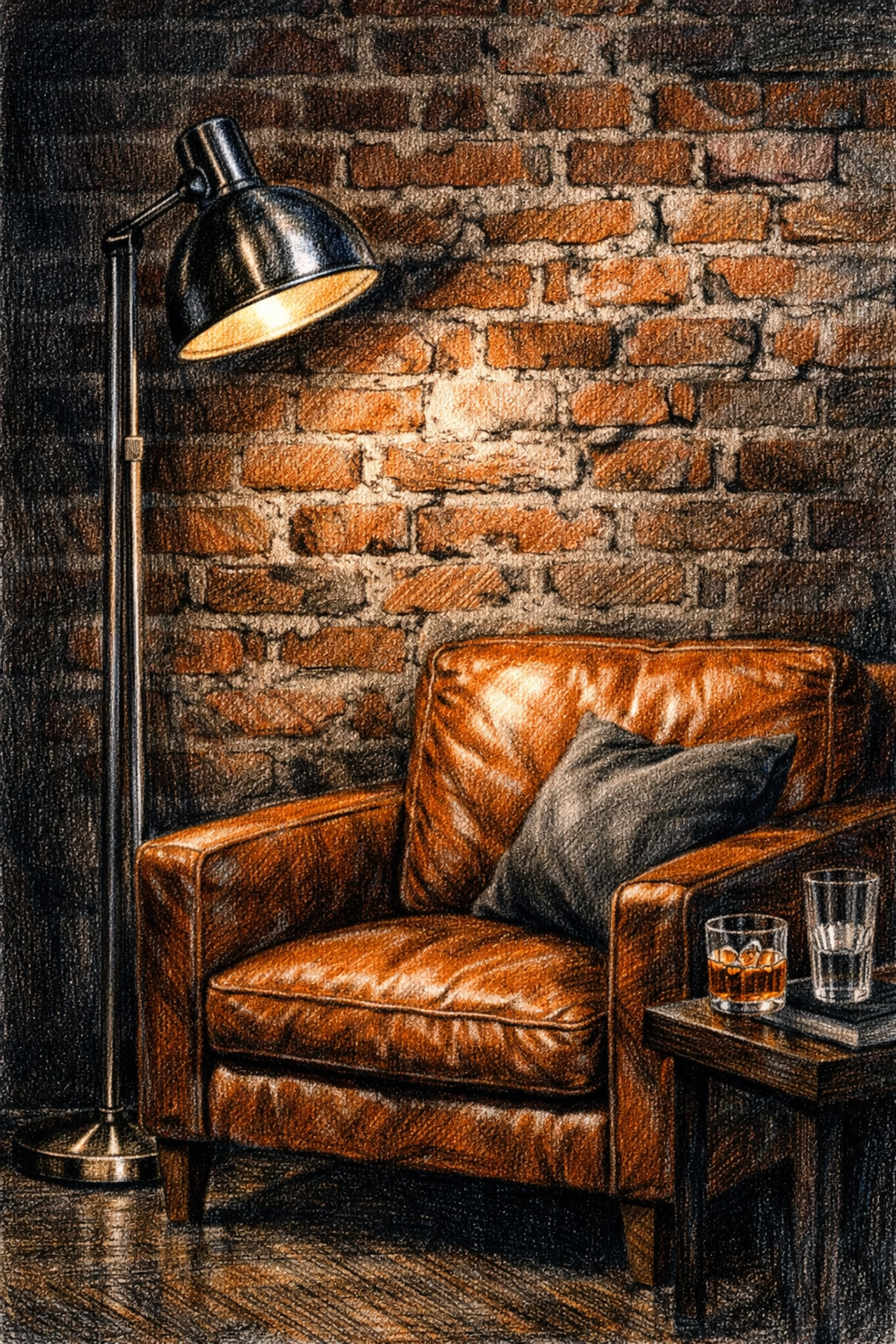 Boutique hotel interior design featuring an industrial brick wall and luxury leather armchair.