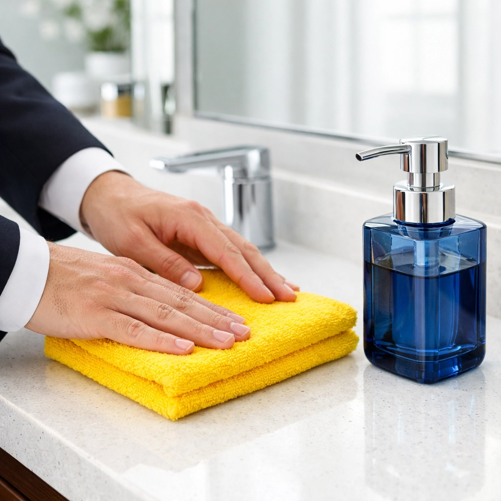 Detailed view of a clean bathroom vanity with a neatly folded towel, showing attention to detail.