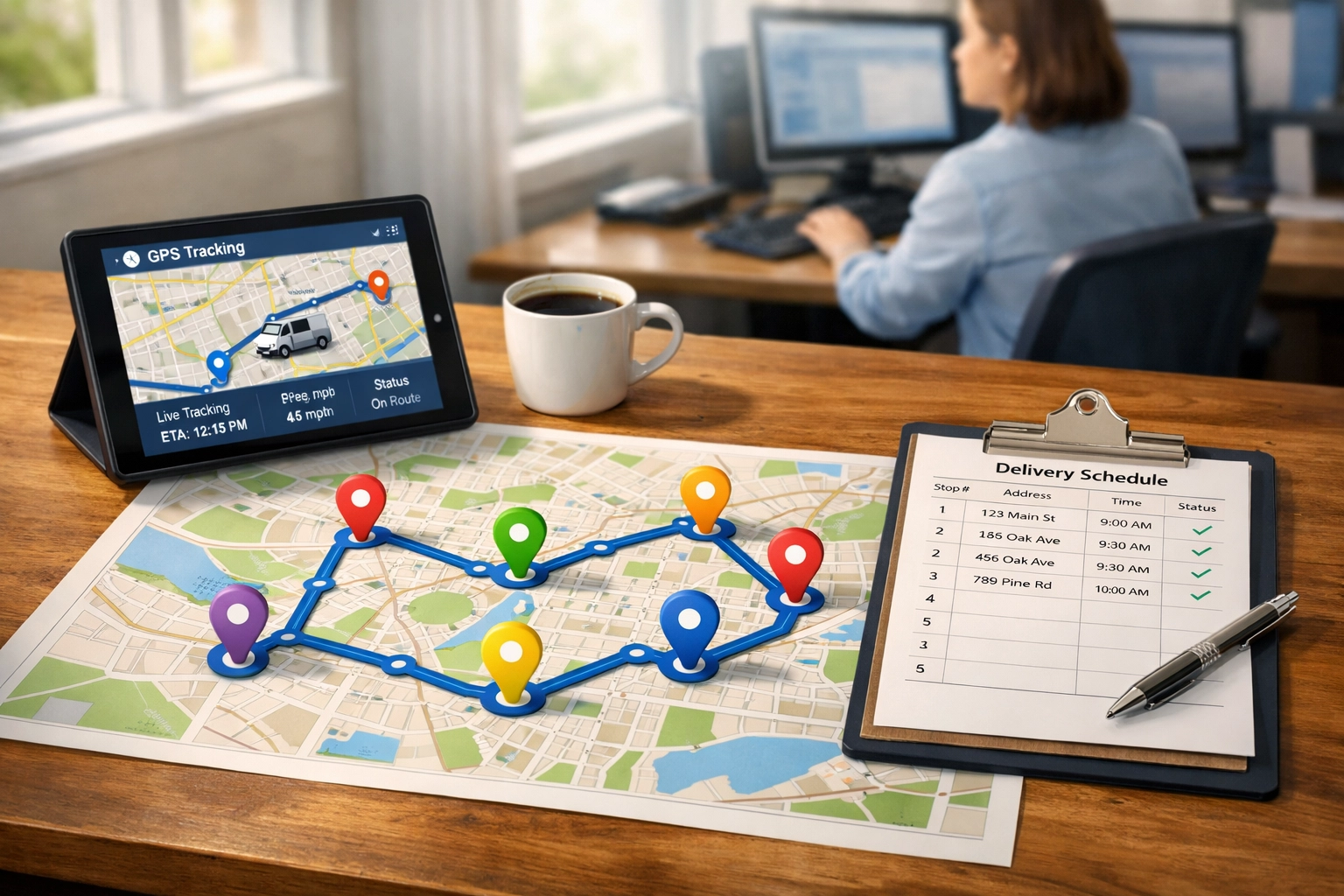 Route delivery planning map with optimized delivery schedule and GPS tracking