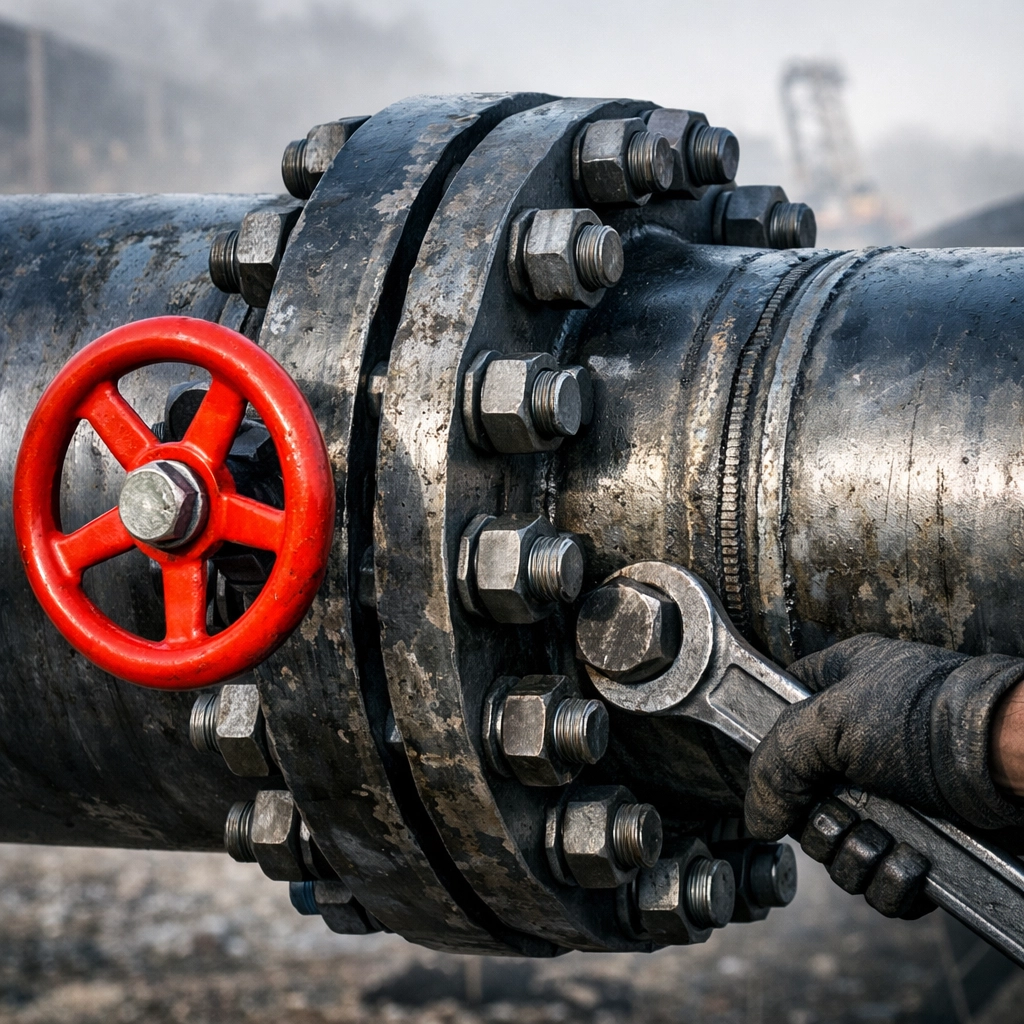 Close-up of an industrial steel pipeline joint representing streamlined energy reviews in Alberta.