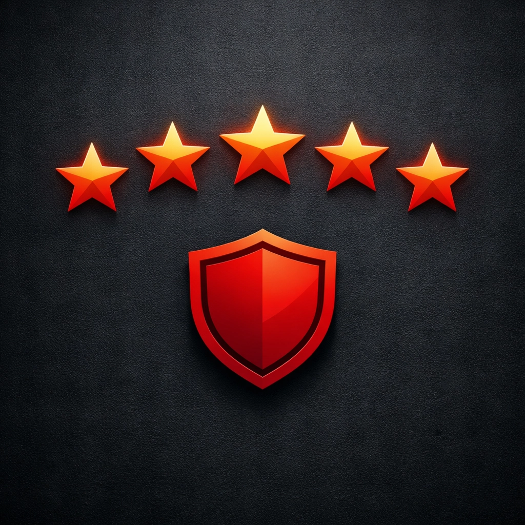 Five-star review rating and shield icon symbolizing trust and reliability on a tradesperson's website.