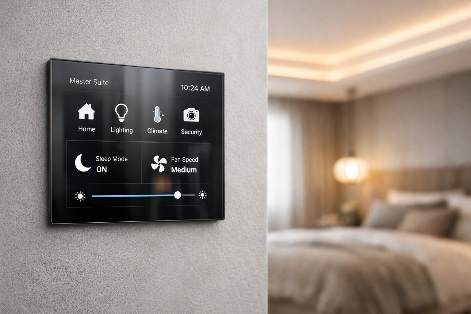Sleek smart home control interface for an energy-efficient room addition in a Phoenix property.