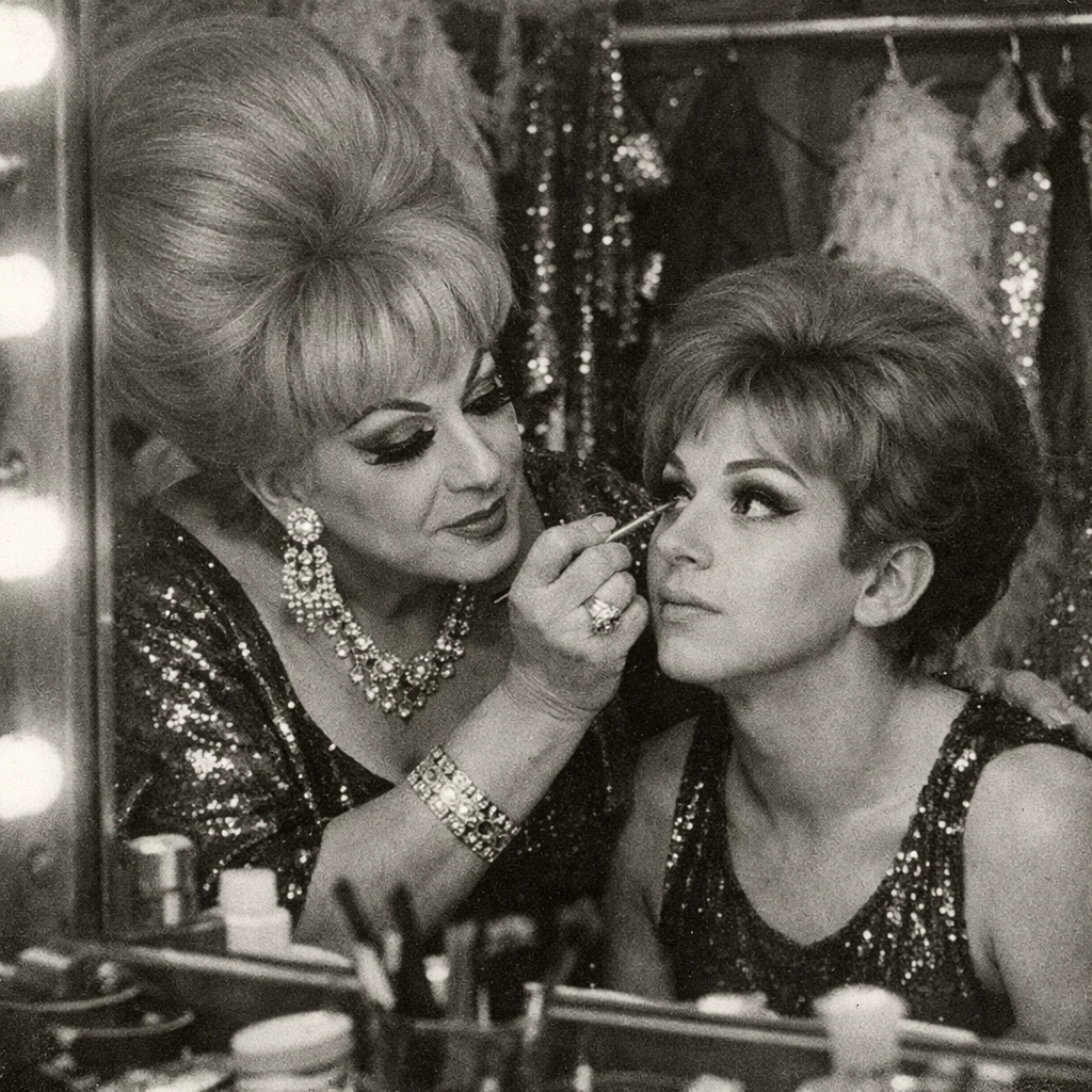 An experienced drag mother helping a young queen with makeup in a 1960s dressing room.