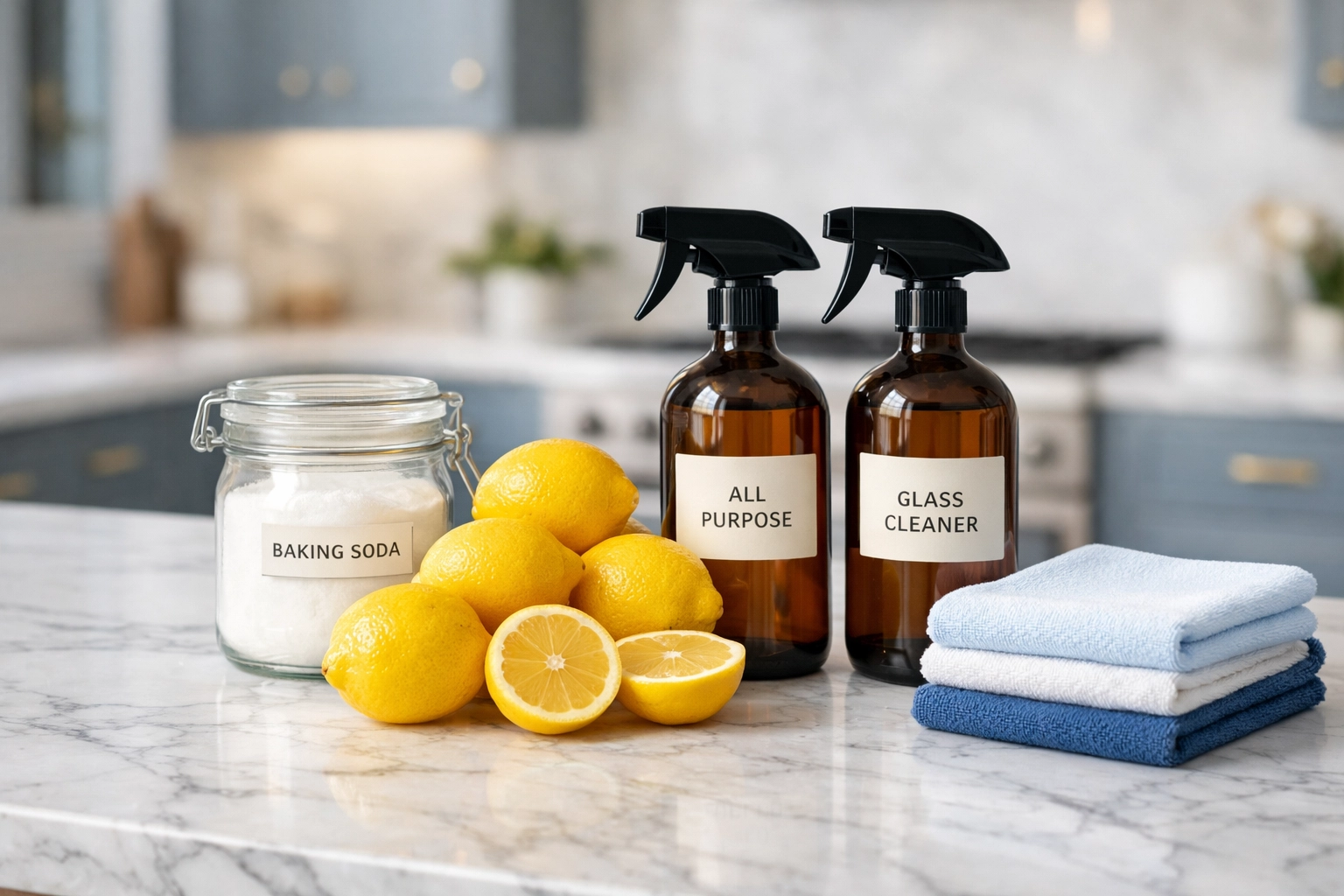 Natural cleaning ingredients like lemons and baking soda on a kitchen island for a non-toxic Acton home.
