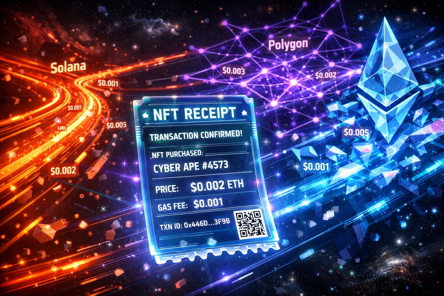 Blockchain networks Solana, Ethereum, and Polygon processing crypto transactions with NFT receipts