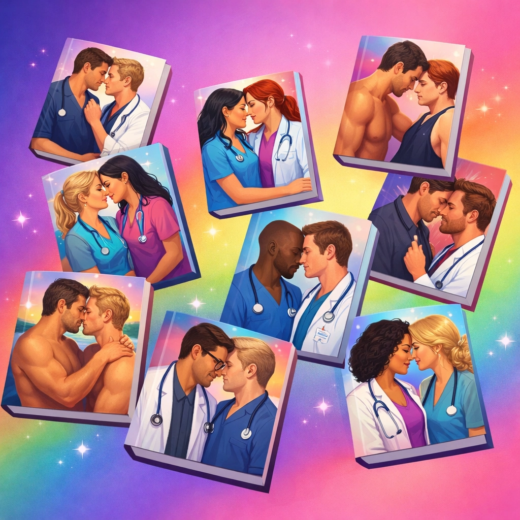 Collection of LGBTQ+ medical romance book covers featuring gay and lesbian couples