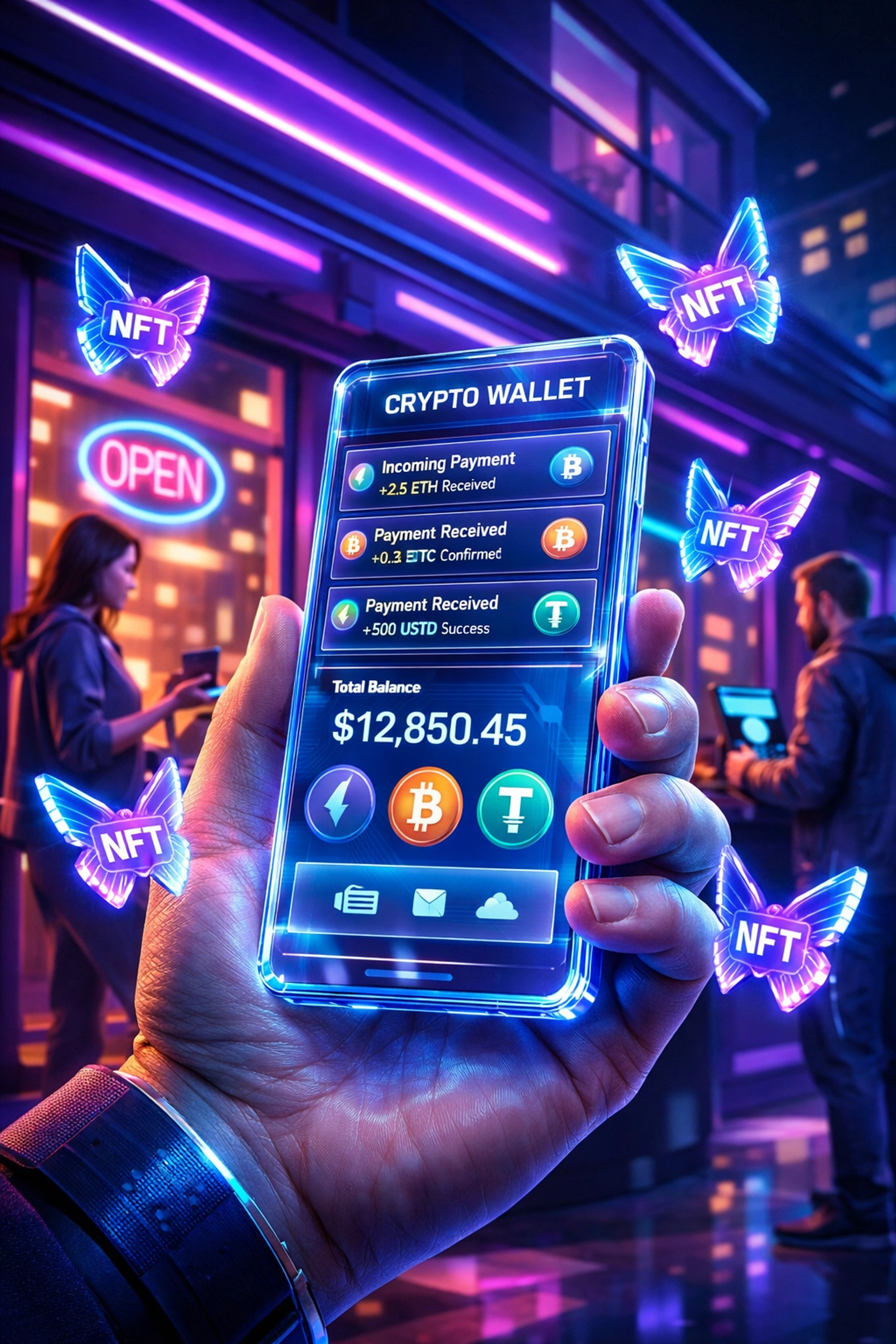 Merchant accepting crypto payments with NFT receipts on contactless POS system