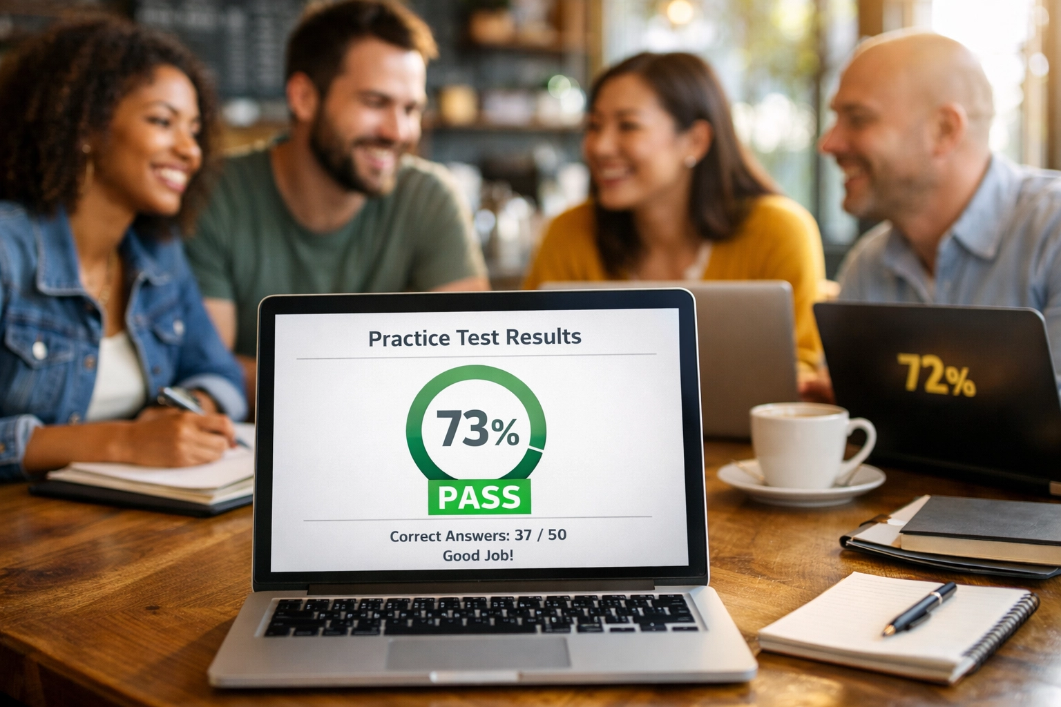 Adult students studying CLEP practice tests together showing 70% passing scores on laptops