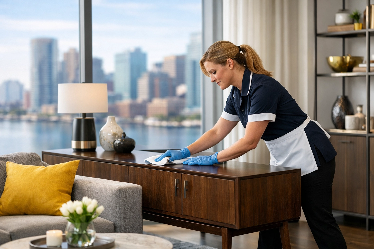 Professional cleaning service expert wiping surfaces during a high-end Boston apartment move-out.