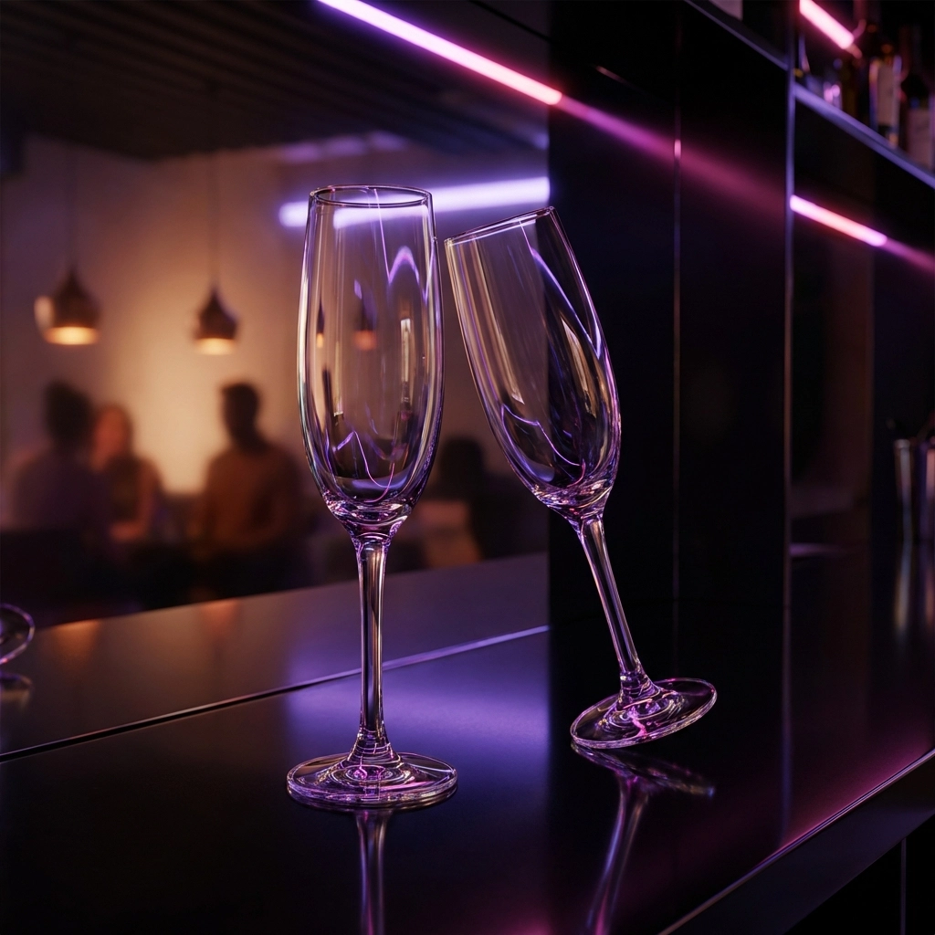 Champagne glasses in a nightclub setting emphasize choosing sobriety over intoxication for safe BDSM experiences.