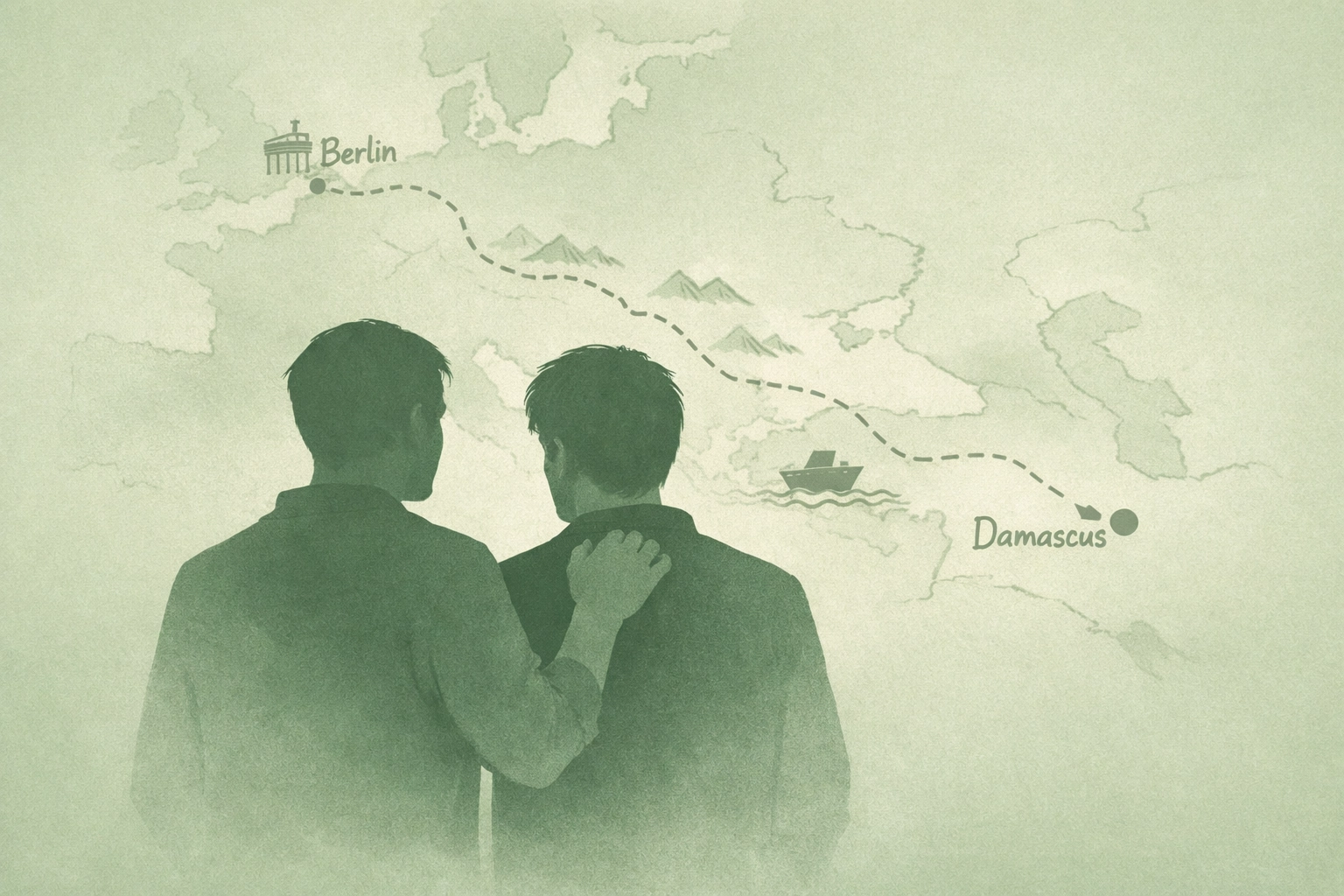 Two gay men supporting each other with Damascus to Berlin refugee journey map illustration