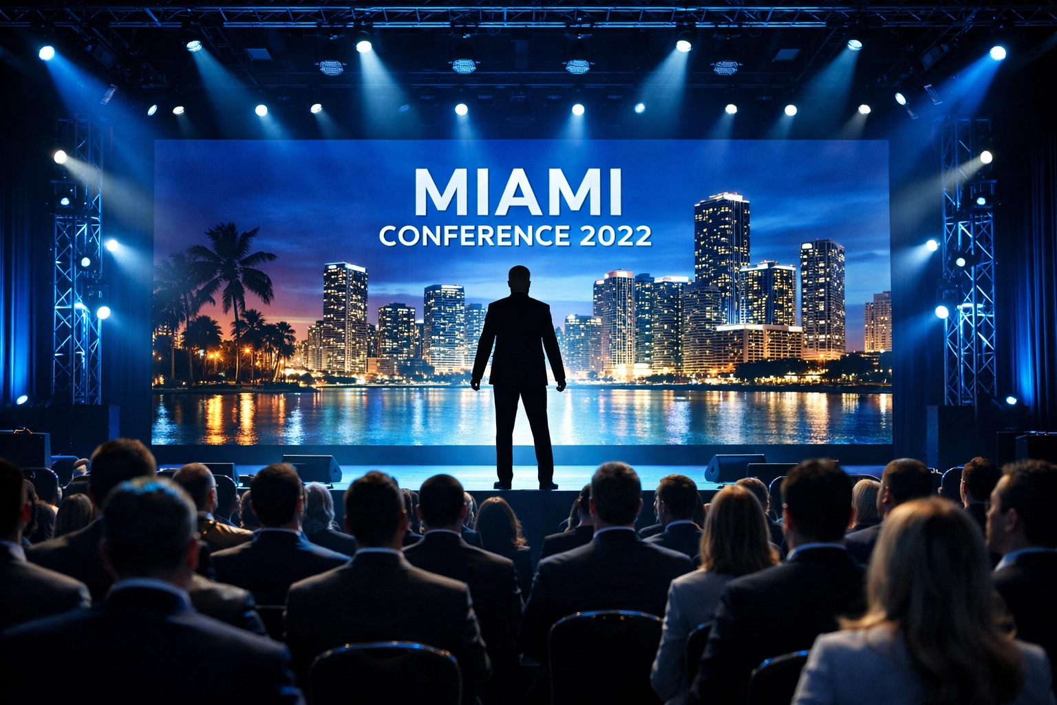 Professional conference photographer Miami capturing a keynote speaker on stage at a corporate event.