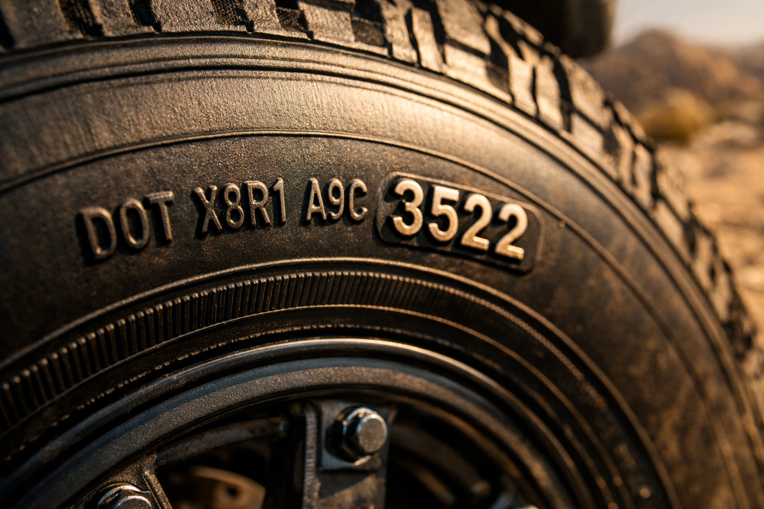 Close-up of DOT date code on RV tire sidewall showing manufacturing week and year