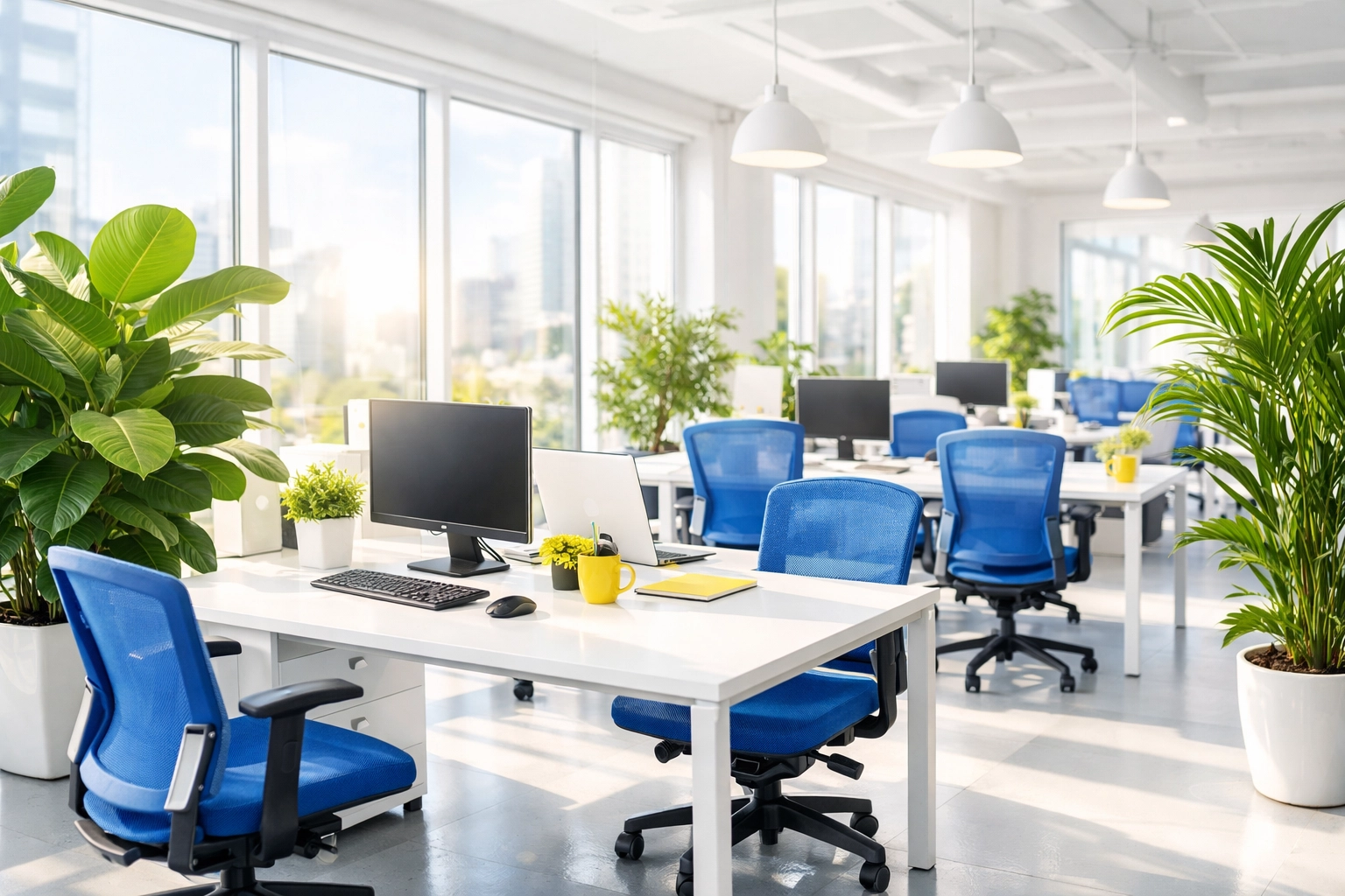 Sanitized Foxborough open-plan office with dust-free desks, reflecting reliable daily janitorial services.