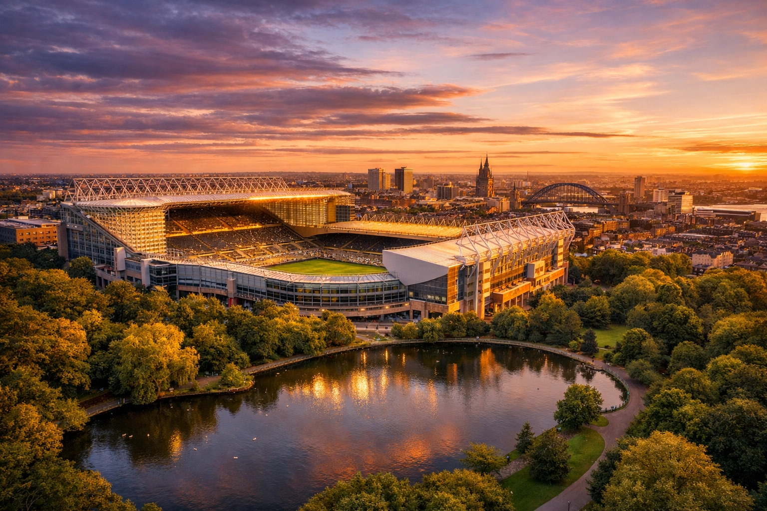 Aerial view of St James' Park and Leazes Park, a scenic location for a Newcastle United memorial.