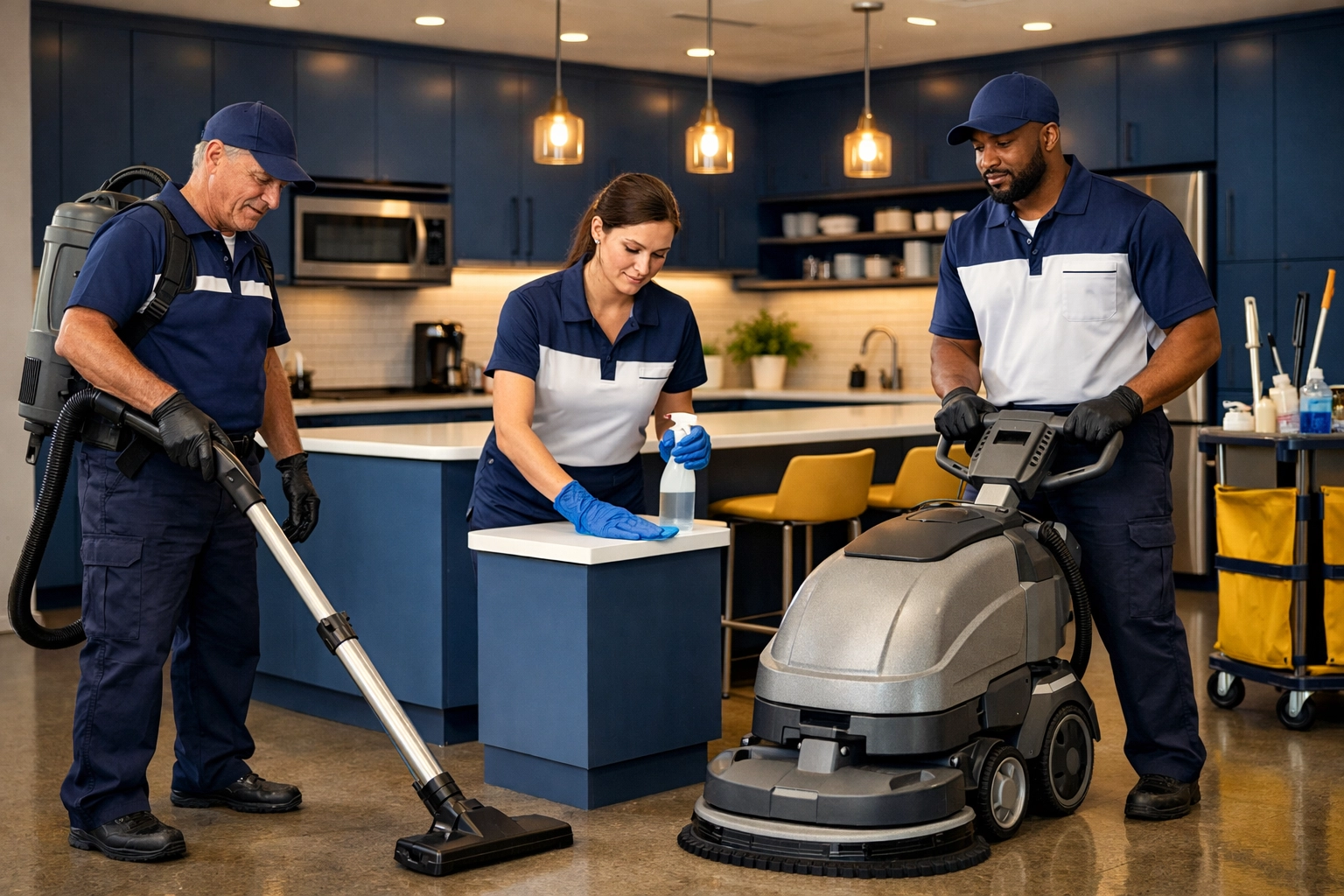 Professional cleaning crew in navy uniforms providing expert Boston office cleaning services.