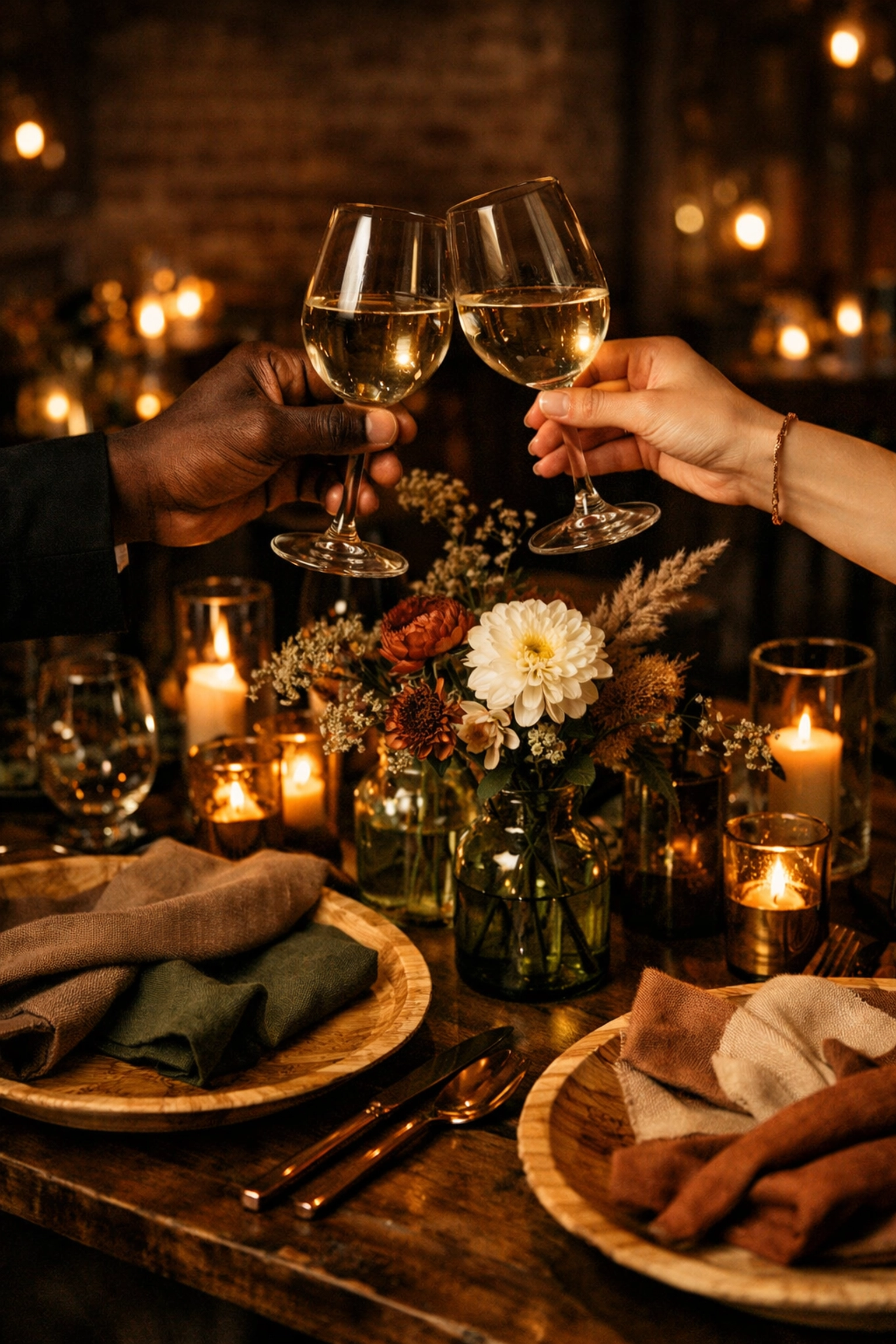 Elegant sustainable table setting with bamboo plates and recycled glass centerpieces at a luxury event