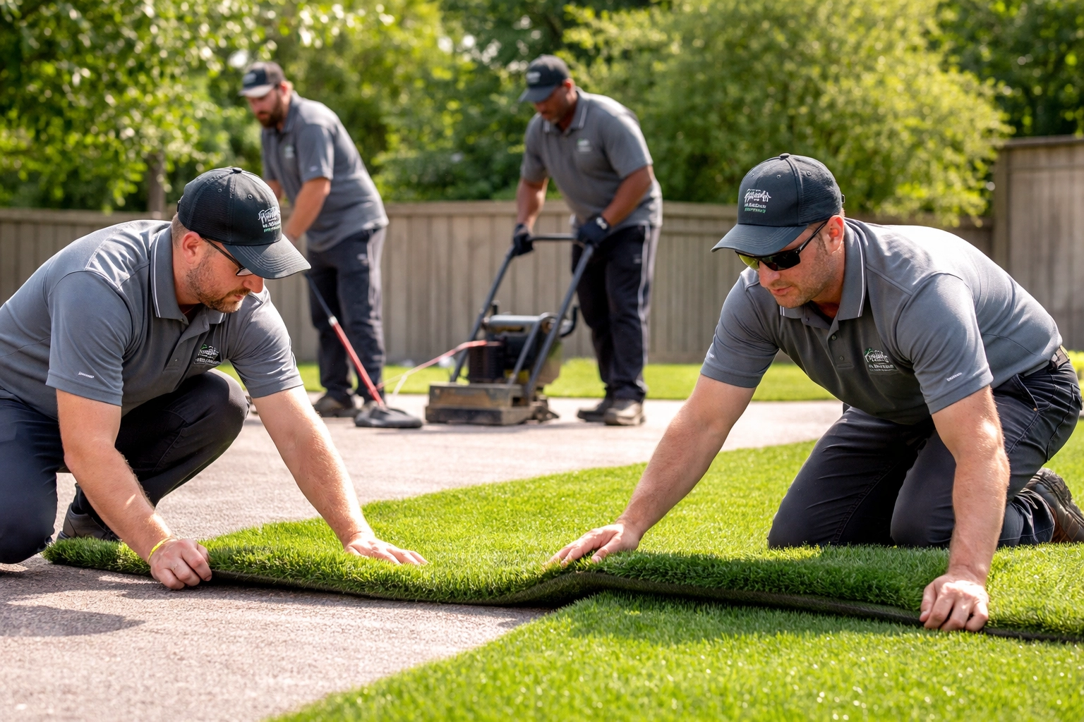 Waterloo Turf installation team professionally laying high-quality synthetic turf in a residential backyard.