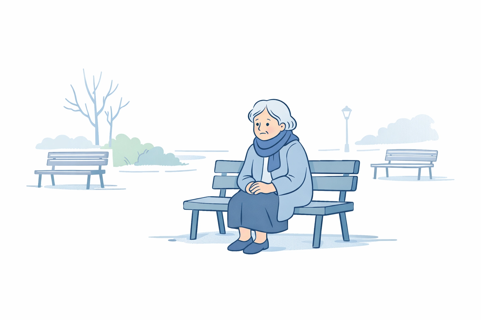 Lonely senior woman sitting alone on park bench illustrating social isolation in elderly adults