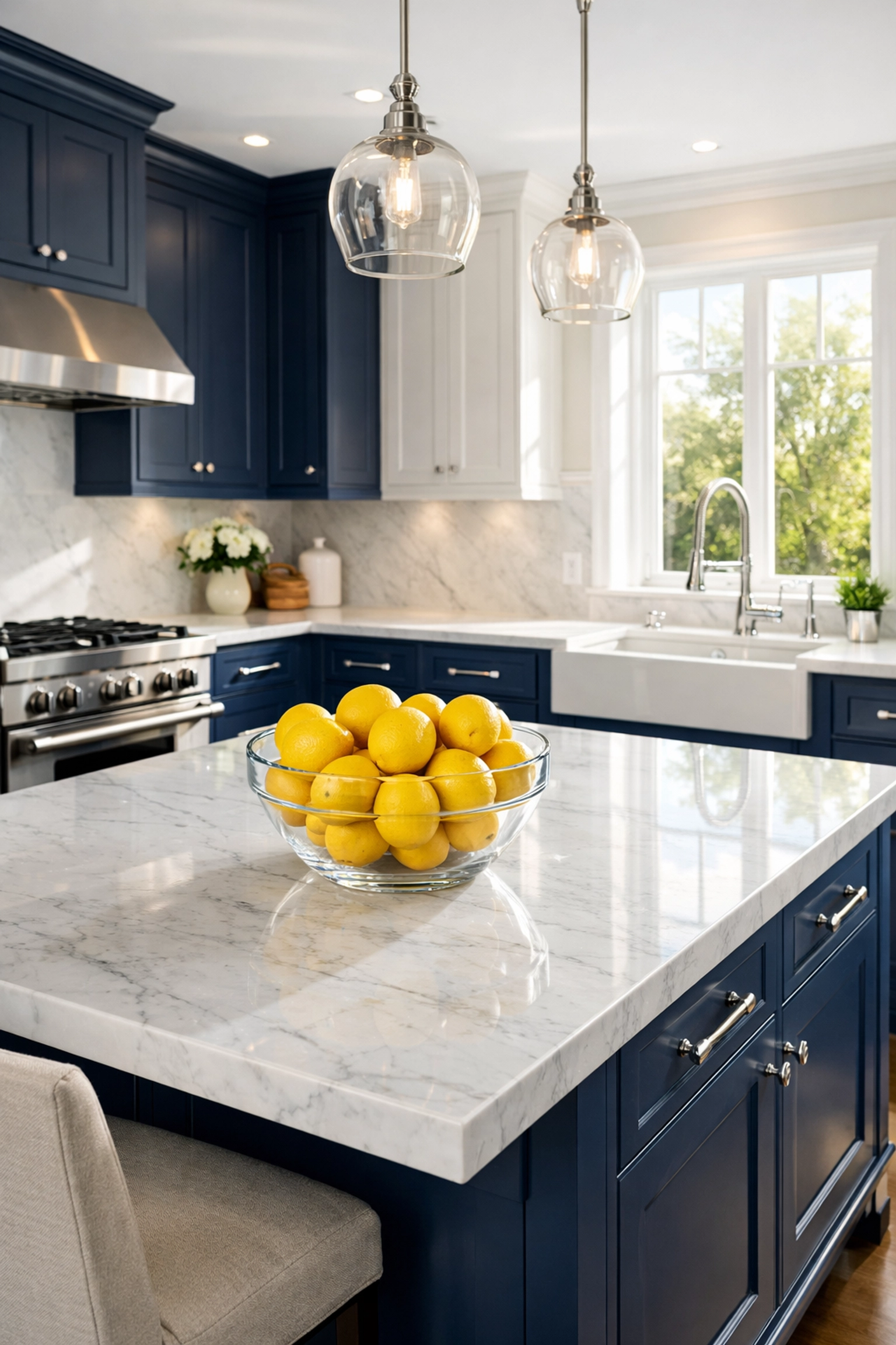 Sparkling Westford kitchen with blue cabinets after a professional weekly house cleaning service.