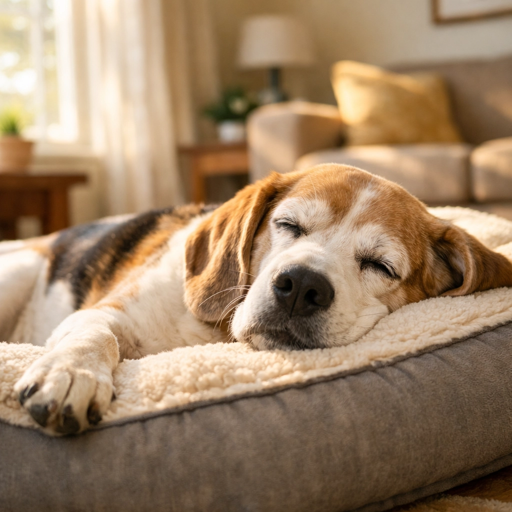 Calm senior dog relaxing peacefully on bed in sunny home