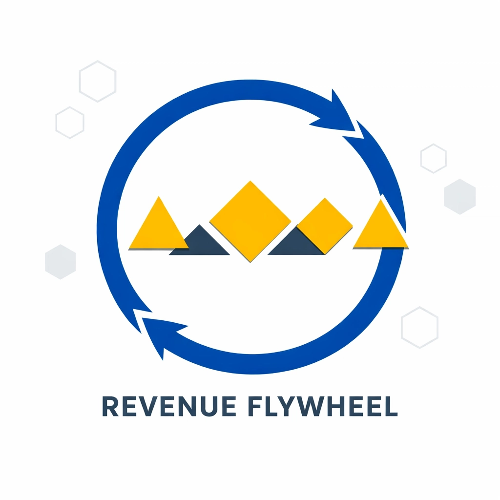 A revenue flywheel diagram illustrating a continuous growth system for the entire customer lifecycle.