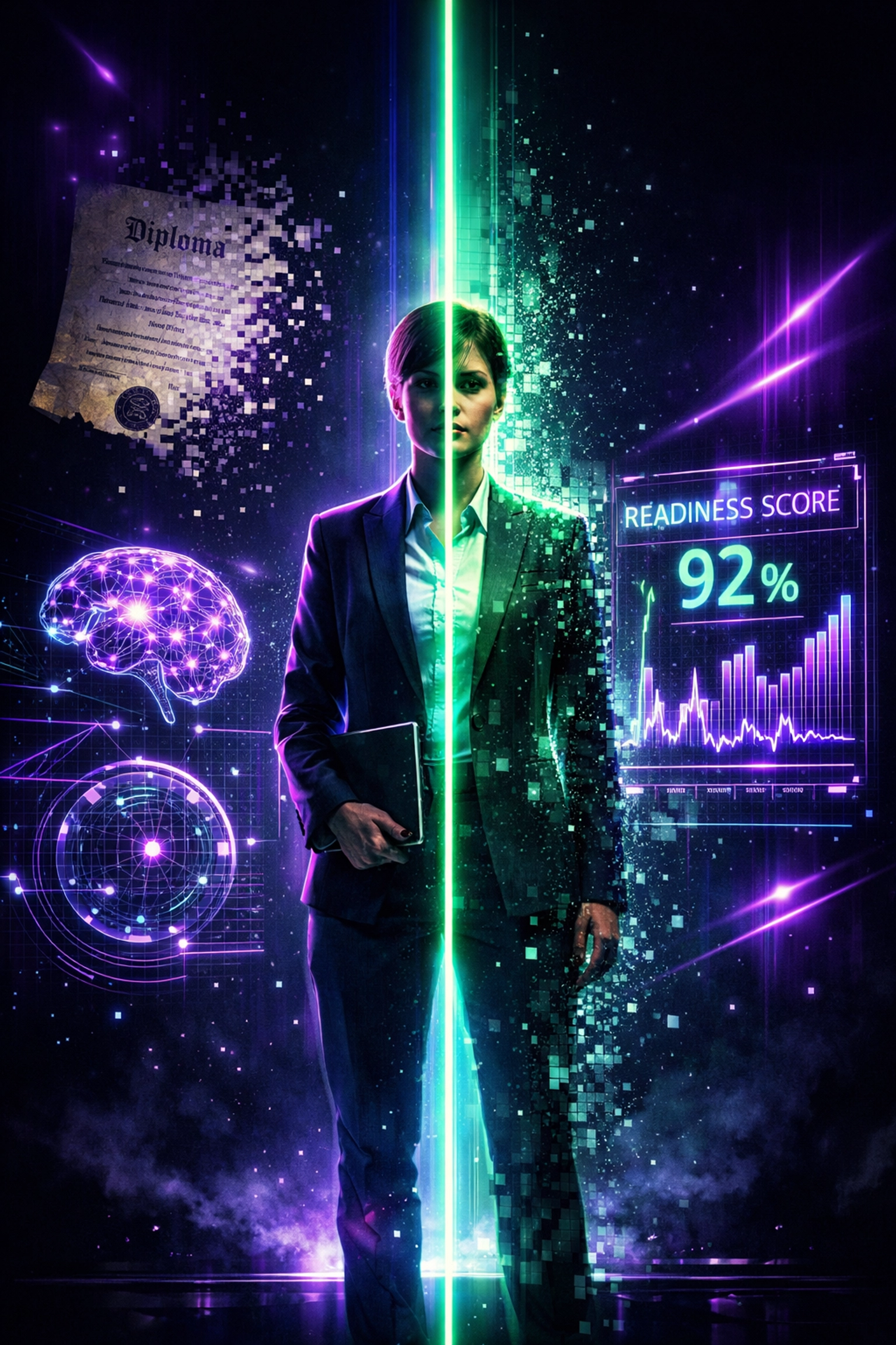 Professional being scanned by holographic data to generate an AI Readiness Score for modern industry readiness.