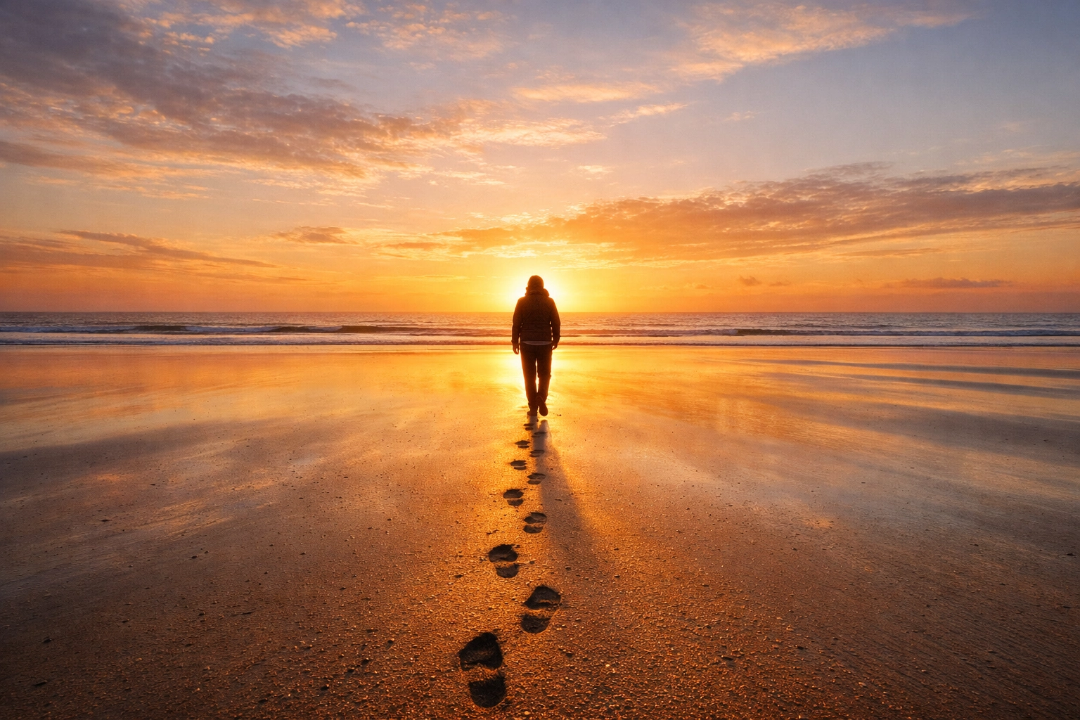 A person walking on a beach at sunrise symbolizing the peace of mind found through financial freedom.